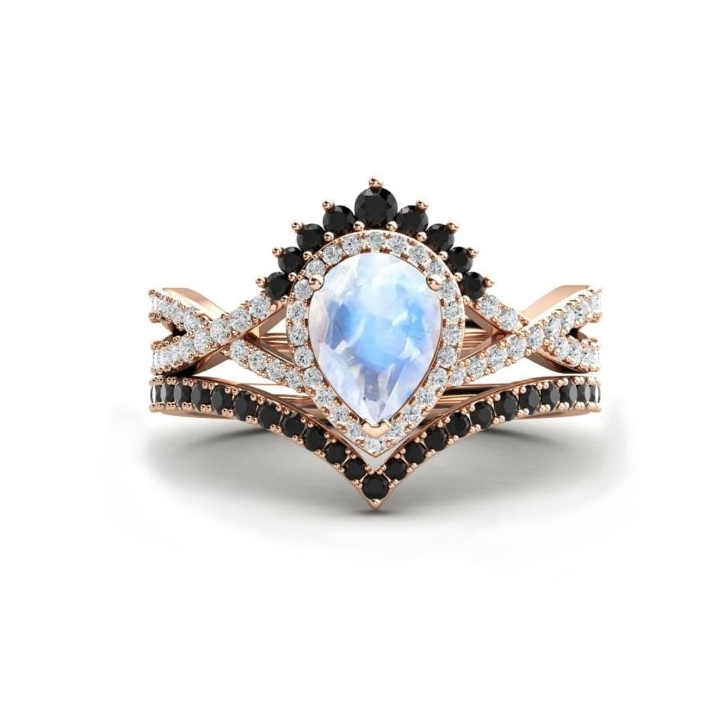 925 Sterling Silver Pear Shape Blue Moonstone Engagement Ring Set for Women - Wedding, Anniversary, Promise Ring - White Gold Plated, Size 5.5 - Perfect for Proposals, Bridal Jewelry & Special Occasions