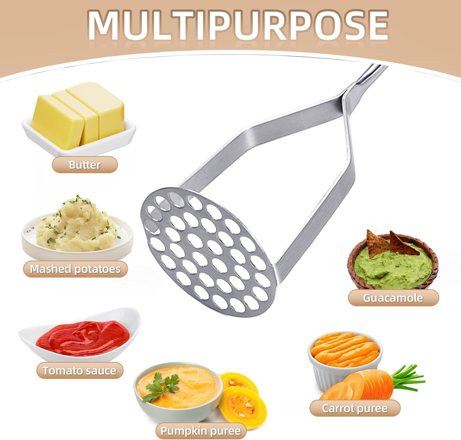 Stainless Steel Potato Masher - Heavy Duty 12 Inch Metal Masher for Potatoes, Avocados, Vegetables & Meat - Dishwasher Safe Kitchen Tool for Perfect Mashed Potatoes - Ideal for Home Cooking, Restaurants & Meal Prep