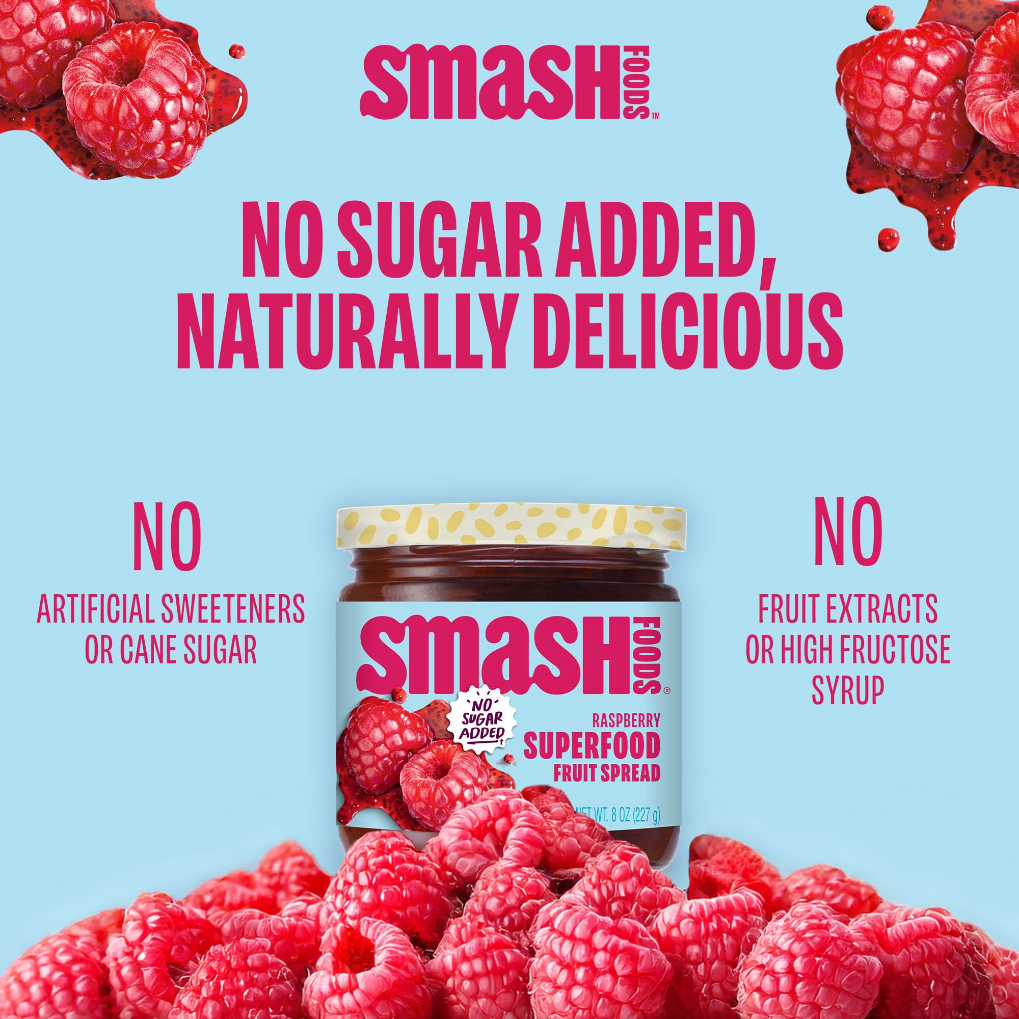 Smash Foods Raspberry Jam - Low-Calorie, No Sugar Added Keto Jam with Upcycled Fruit & Chia Seeds | Vegan, Paleo Superfood Fruit Spread (6 Jars) - Perfect for Breakfast Toast, Yogurt Topping & Healthy Snacking