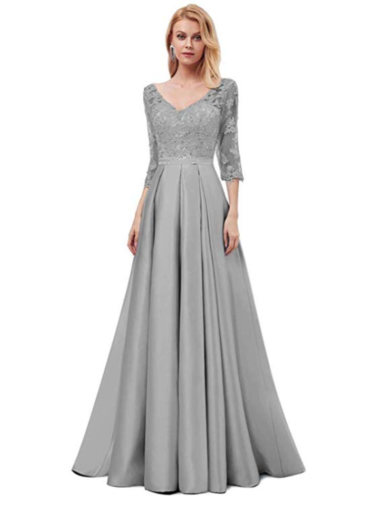 Elegant A-Line V-Neck Bridesmaid Dress with 3/4 Sleeve - Grey Evening Party Gown for Weddings, Prom & Formal Events