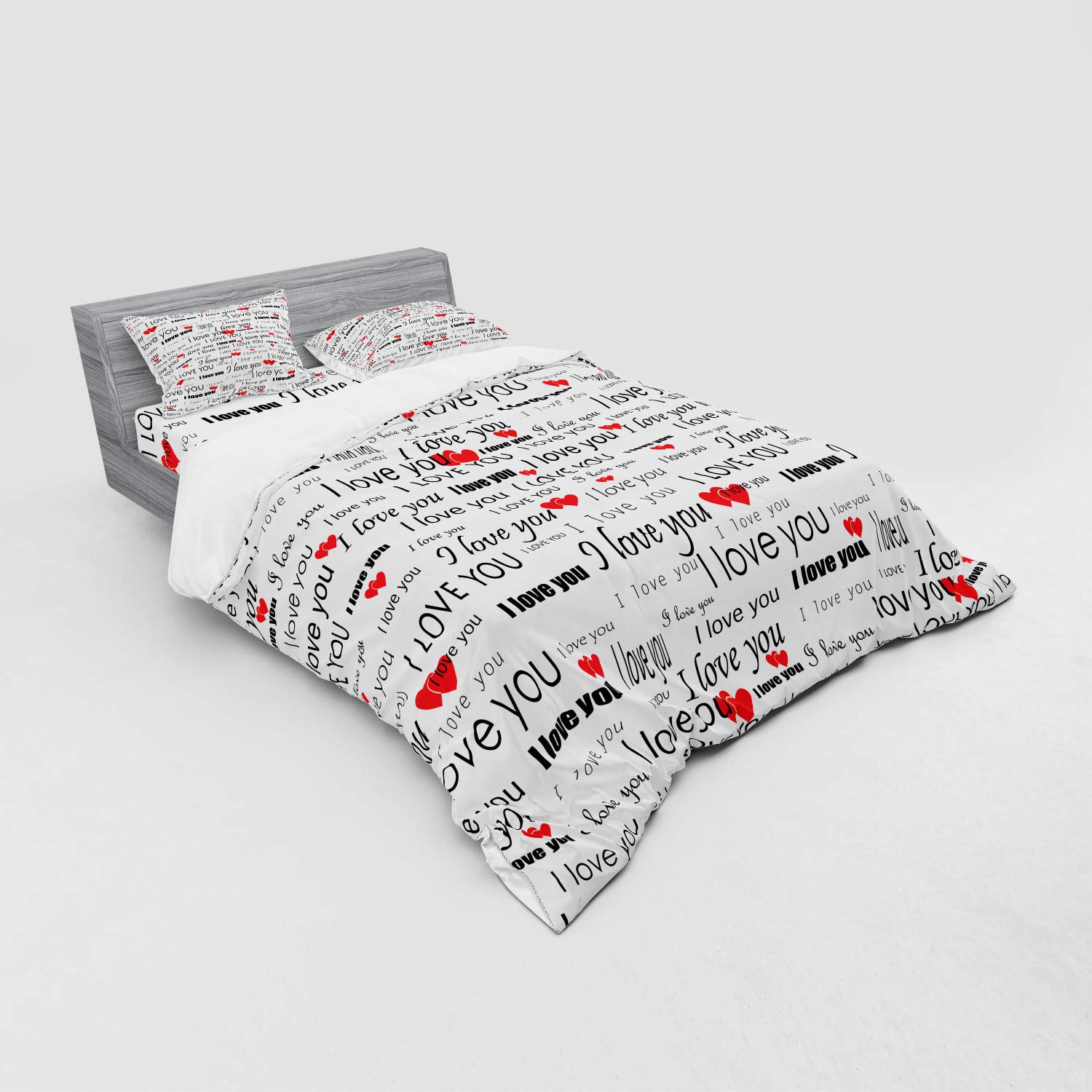 Ambesonne Romantic Duvet Cover Set - 'I Love You' Hearts Design for Couples, Valentine's Day Gift, 4-Piece Bedding Set with Shams & Fitted Sheet, California King Size, Vermilion Black White - Perfect for Romantic Bedrooms, Anniversary Gifts & Wedding Decor