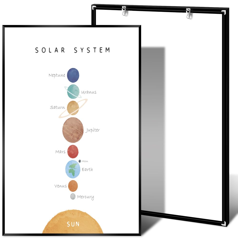 Solar System Poster for Kids - Outer Space Planets Educational Wall Art, Montessori Nursery Decor, Homeschool Learning Print, Framed Canvas 24x36 Inches - Perfect for Classroom, Bedroom & Playroom Decor
