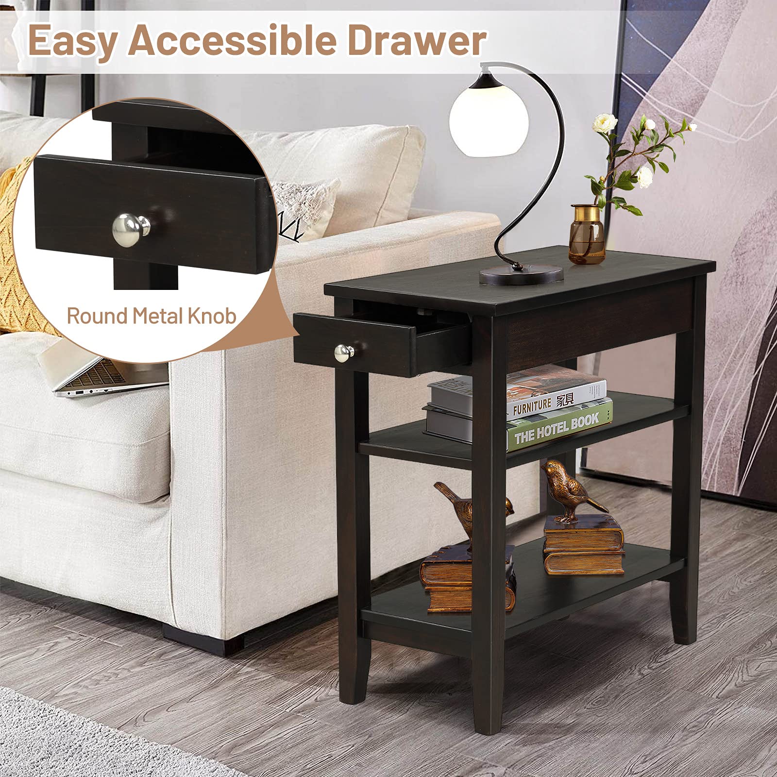 Giantex Set of 2 Narrow End Tables with Drawer & 2-Tier Open Shelves - Compact Nightstand for Bedroom, Living Room | Small Space Furniture in Espresso Finish | Perfect for Apartments, Dorms & Cozy Spaces