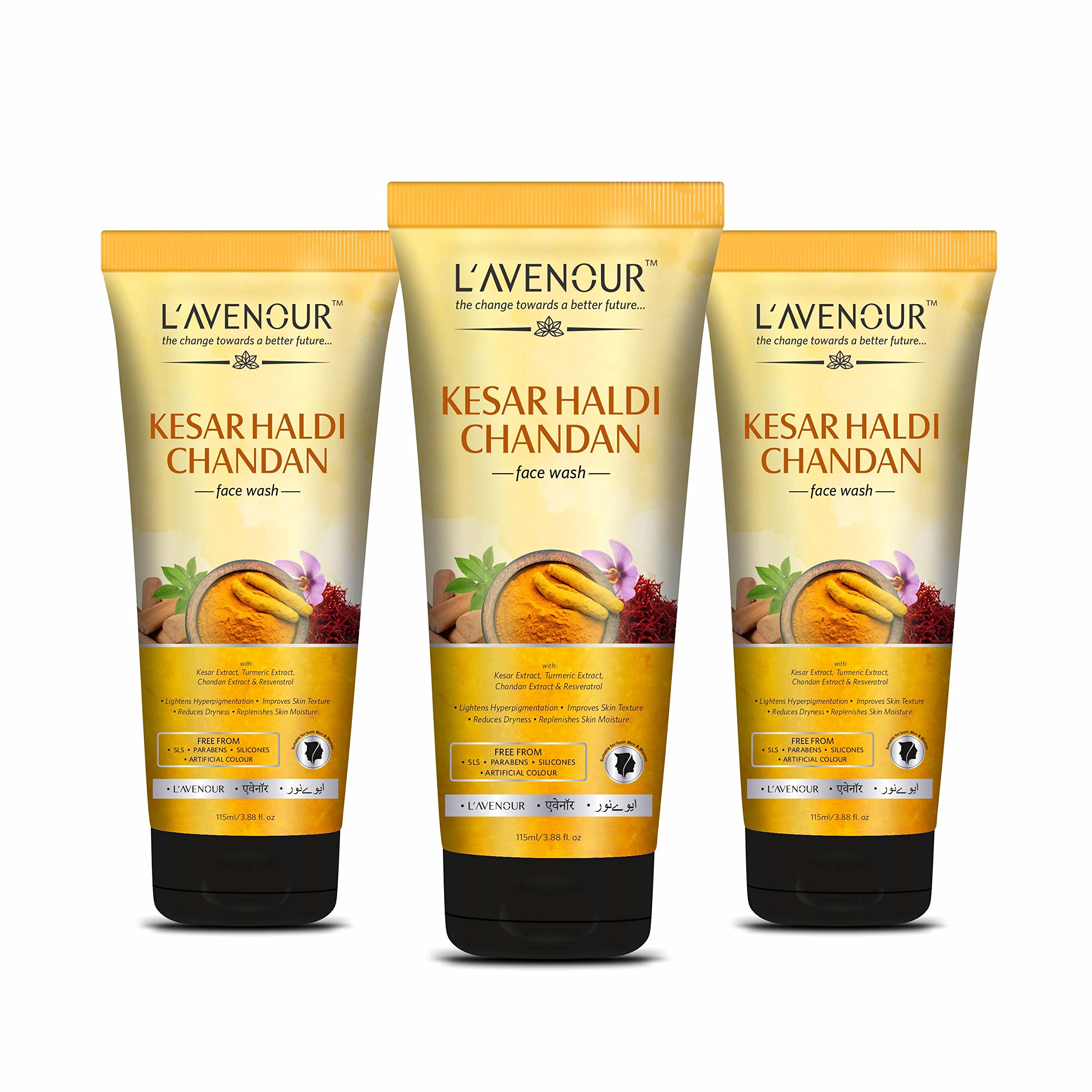 L'avenour Kesar Haldi Chandan Natural Ubtan Face Wash for Men & Women - Brightens Skin, Reduces Hyperpigmentation & Dryness | 115ml (3 Pack) | Perfect for Daily Skincare Routine & Glowing Complexion