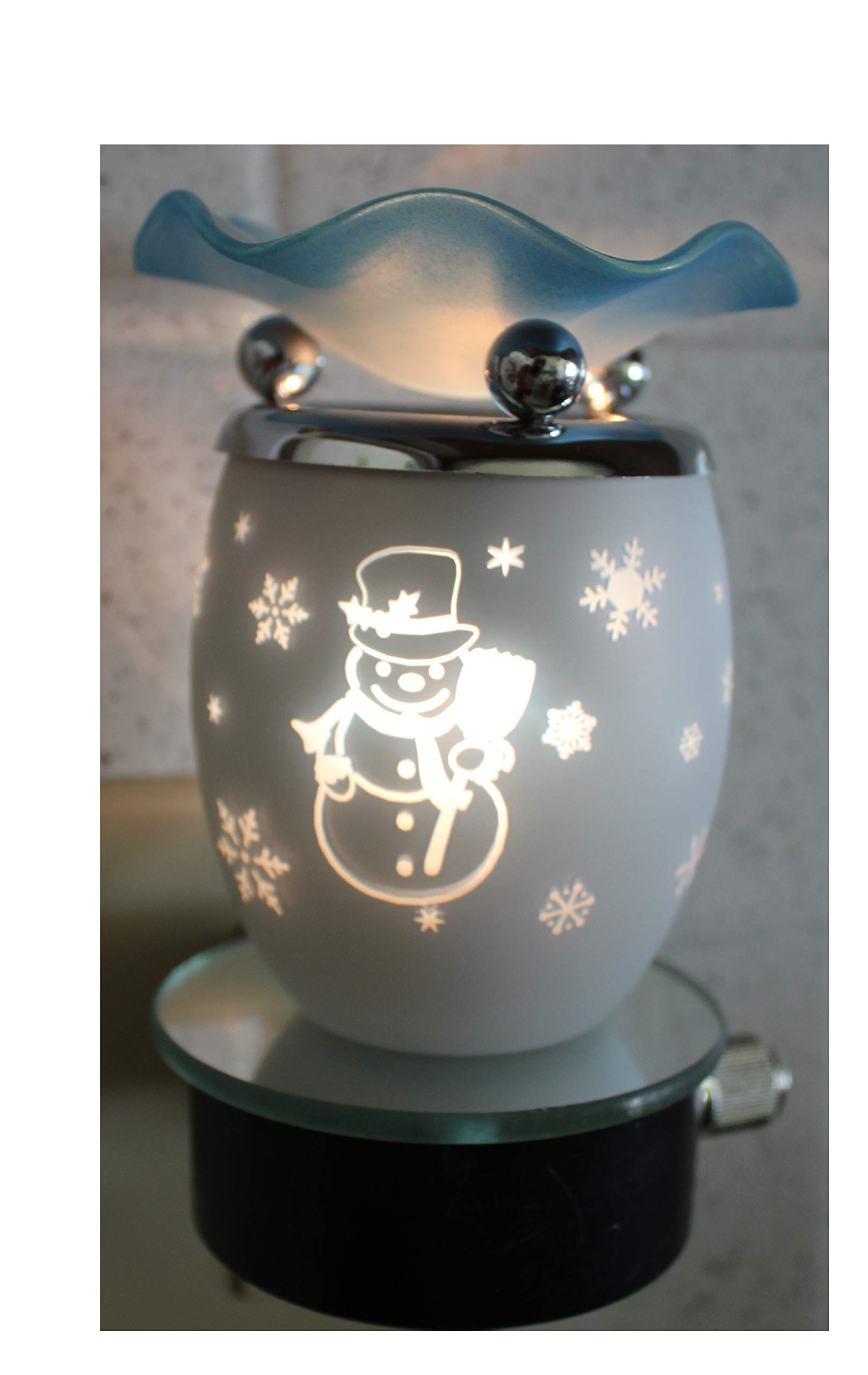 Navillus Plug-in Aroma Lamp Night Light - Oval Shape Christmas Snowman & Snowflakes Design, Blue Essential Oil Warmer with Dimmer - Perfect for Bedroom, Nursery & Holiday Decor