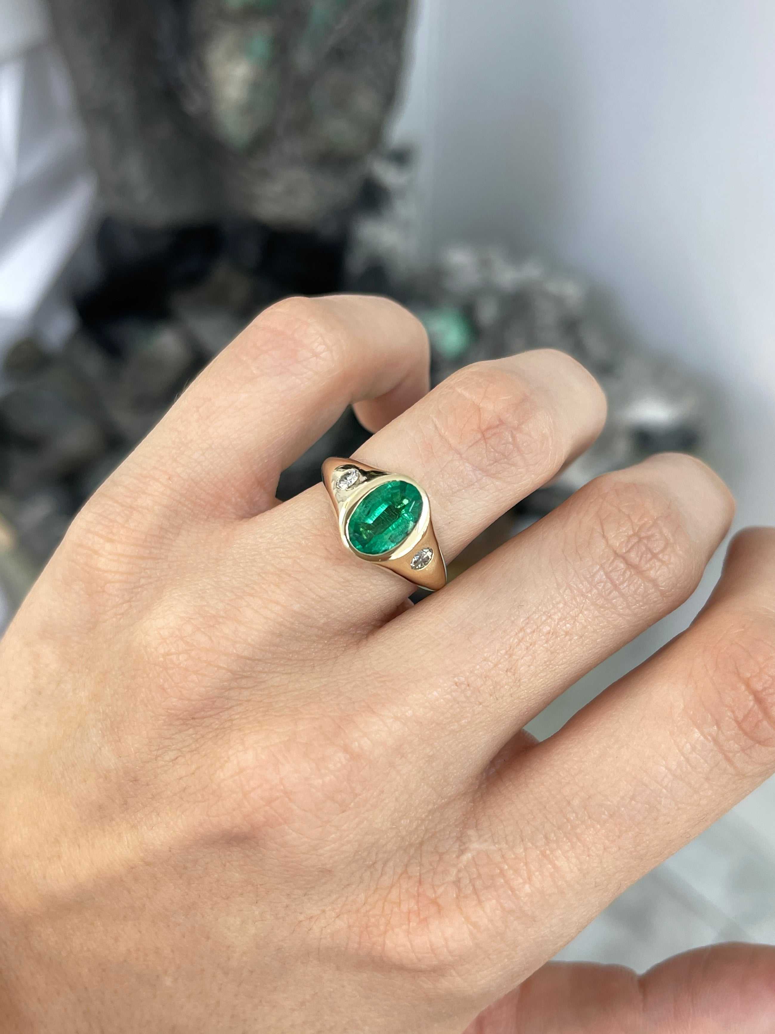 2.21tcw Three Stone Natural Vivid Green Oval Emerald & Diamond Men's Ring in 14K Gold - Perfect for Weddings, Engagements & Anniversary Gifts
