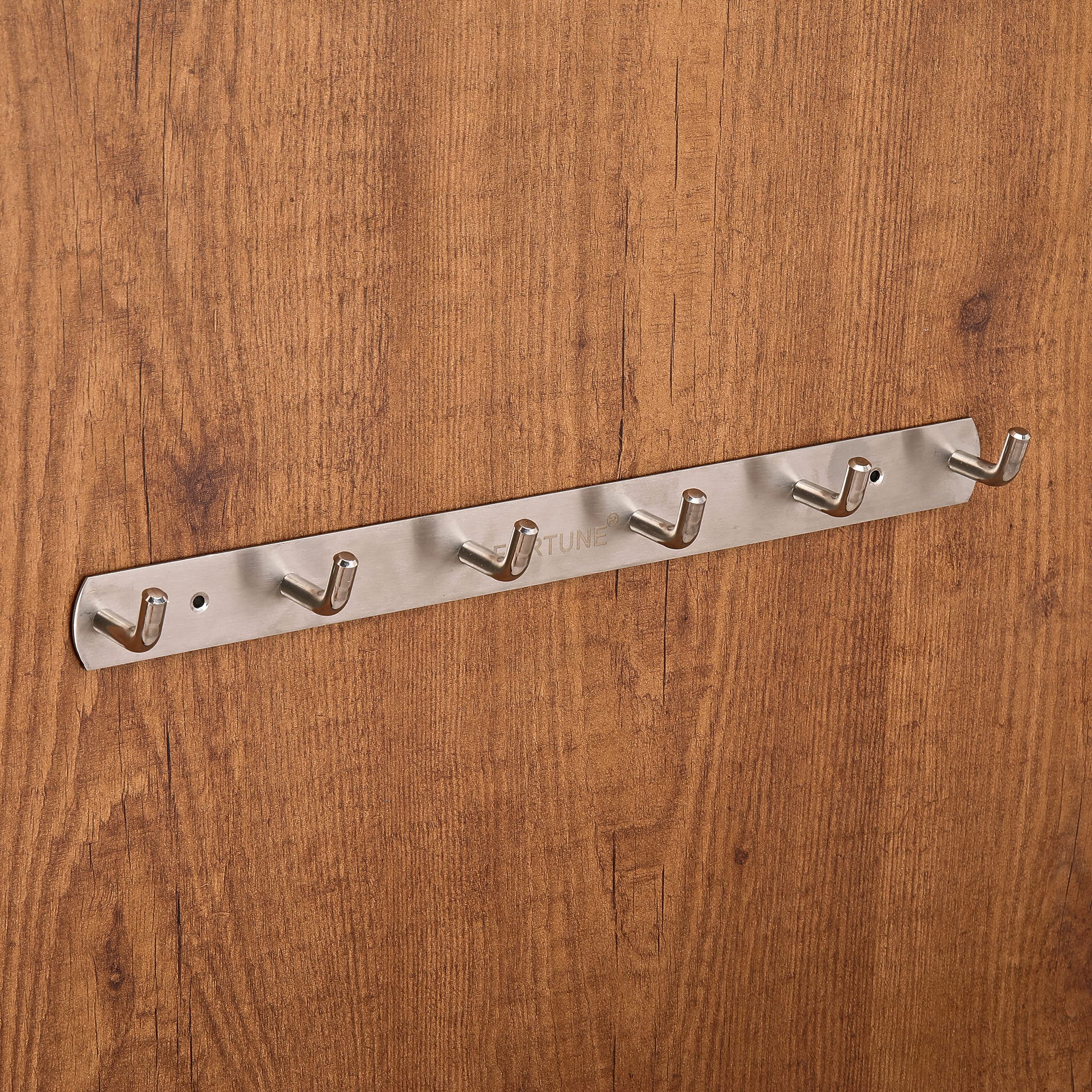 FORTUNE Stainless Steel Wall Hooks - 6 Pack Heavy Duty Bathroom Hangers for Towels, Robes, Clothes & Keys | Rustproof Door & Wall Mounted Organizer for Home, Kitchen, Laundry Room & Dorm