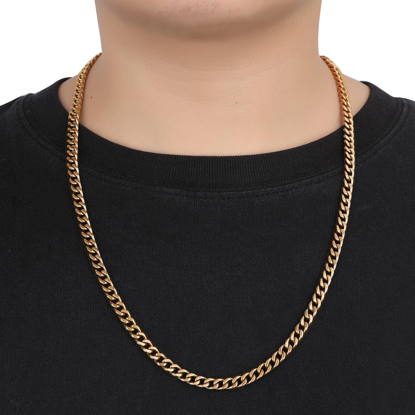 SanThree 9.5mm Pure Titanium Curb Cuban Link Chain Necklace for Men - Yellow Gold Plated, Lightweight & Skin Friendly | Perfect Hip Hop Jewelry Gift for Birthday, Graduation, Father's Day | 24 Inches | Ideal for Casual Wear, Parties & Special Occasions