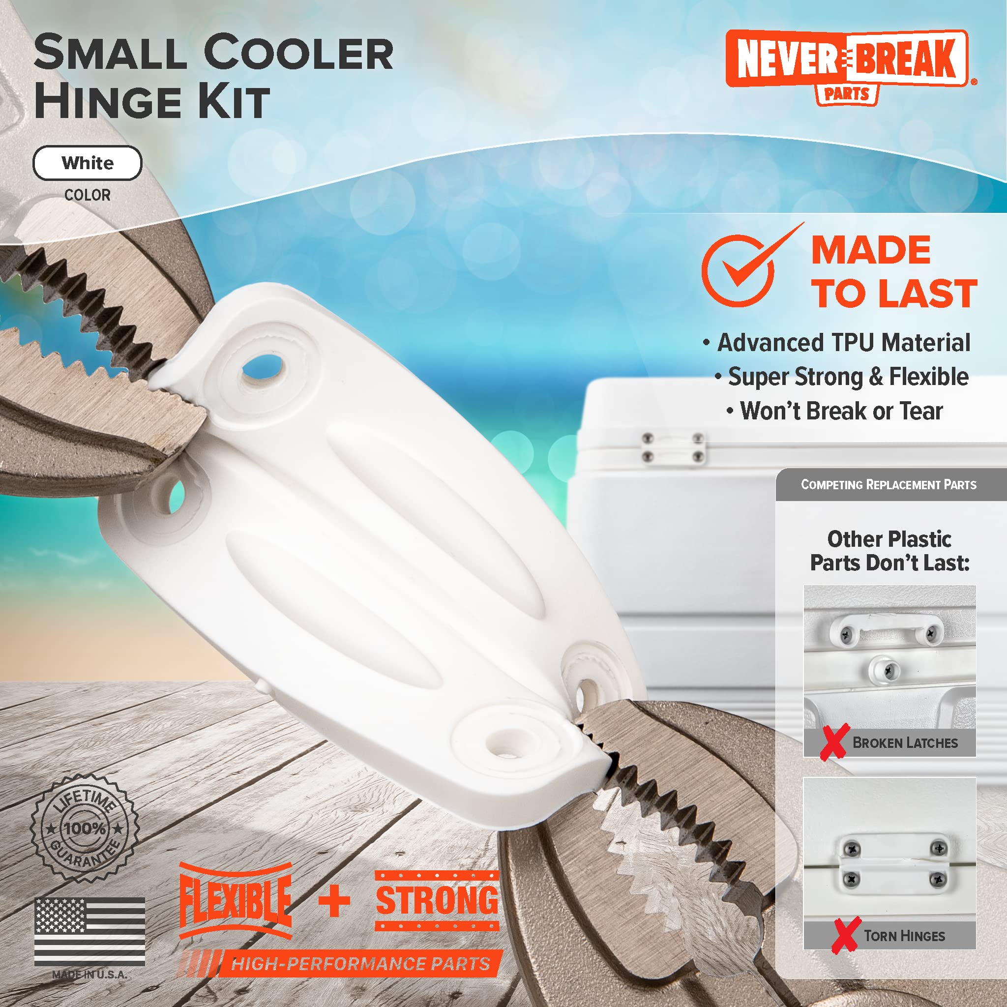 NeverBreak Parts - 2 Pack High Strength White Igloo Cooler Hinges Replacement with Screws | Durable Ice Chest Repair Kit for Outdoor Camping, Picnics, and Tailgating