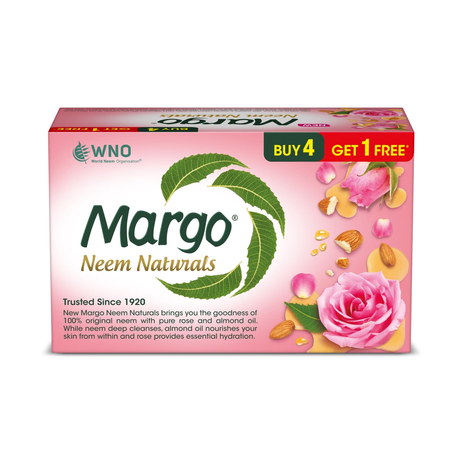 Margo Neem Naturals Soap with Almond Oil & Rose - 100% Natural Cleansing Bar for Clear, Radiant Skin - 5 Pack (100g Each) - Perfect for Daily Face & Body Wash, Acne Treatment & Sensitive Skin Care