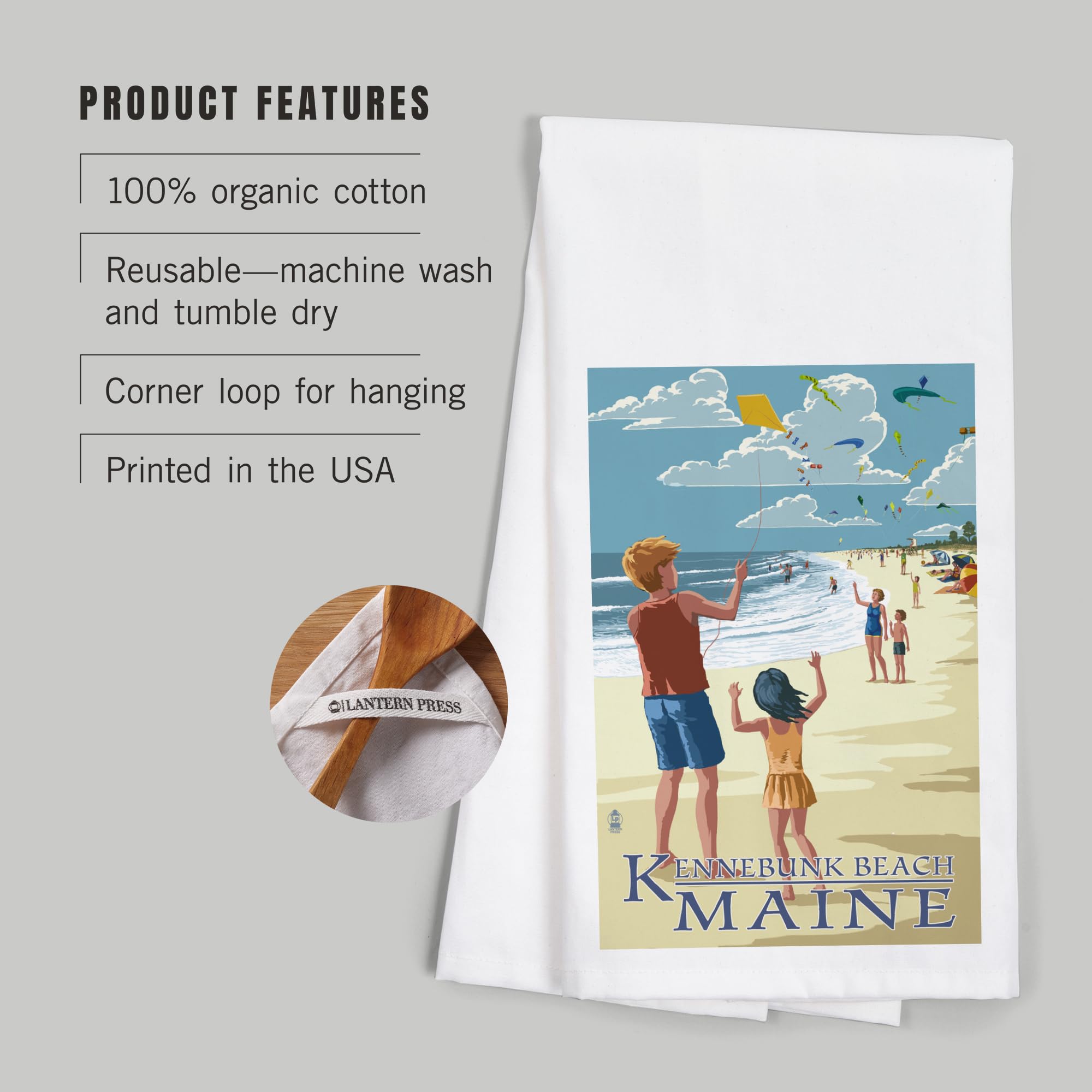 Kennebunk Beach Maine Kite Flyers 100% Cotton Tea Towel - Decorative Hand Towel for Kitchen & Home Decor - Perfect for Dish Drying, Gift Giving, and Coastal Themed Decor