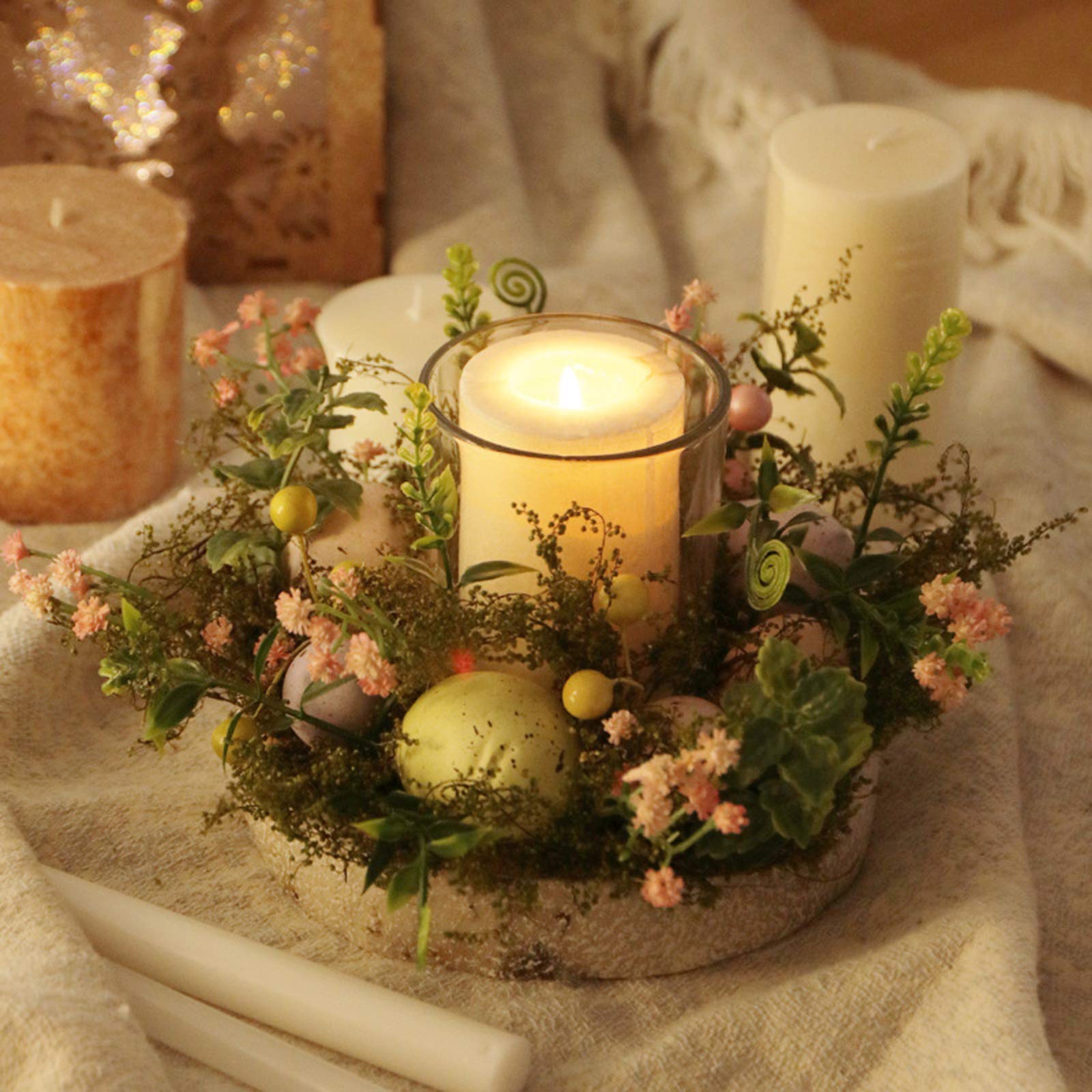 Easter Candle Holder - Creative Easter Egg Glass Candle Holder with Pastel Eggs, Ferns and Mixed Flowers - Spring Table Centerpiece for Easter Decorations, Home Party, and Holiday Dining