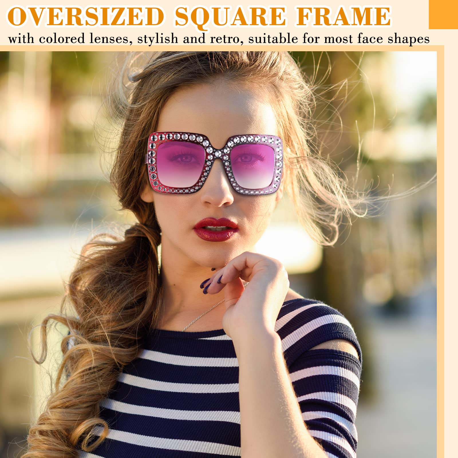 24 Pcs Women's Disco Sunglasses 70s Style - Rhinestone Crystal Square Sunglasses Bulk Pack with Thick Frame for Party, Festival, Halloween & Costume Accessories