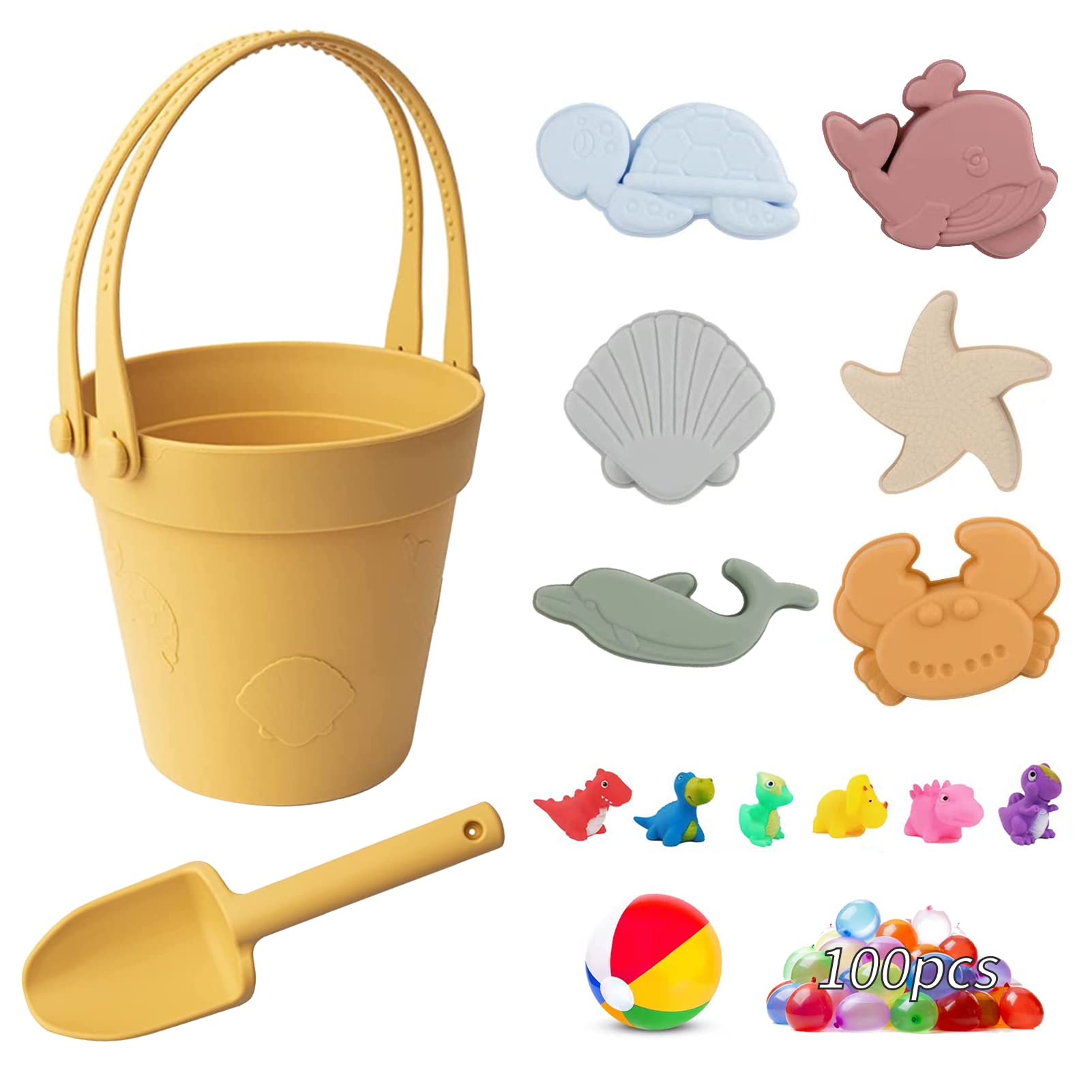 FIMAGO 115-Piece Silicone Kids Beach Toys Set - Shovel, Bucket & Sandbox Toys for Toddlers & Babies - Safe Outdoor & Bath Water Play - Perfect for Summer, Pool, Sandbox & Beach Fun (Yellow)