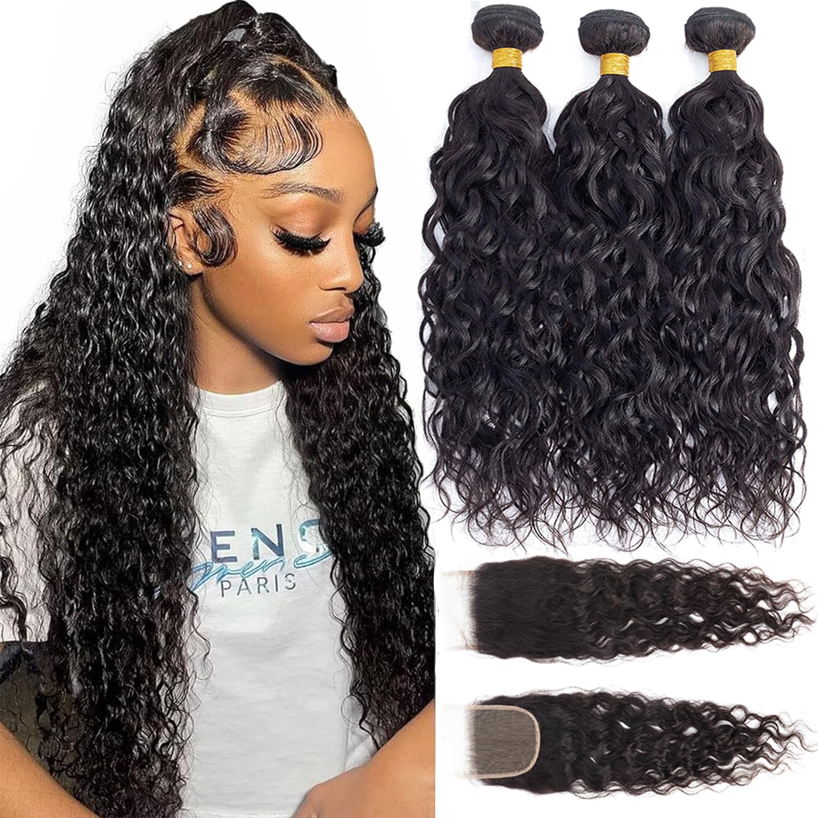 Royal Impression 12A Water Wave Bundles with Closure 100% Unprocessed Virgin Brazilian Human Hair (24 26 28+22 Inches) - 3 Bundles & 4×4 Lace Closure Natural Black for Stunning Curly Hairstyles - Perfect for Weaves, Extensions & Everyday Glam Looks