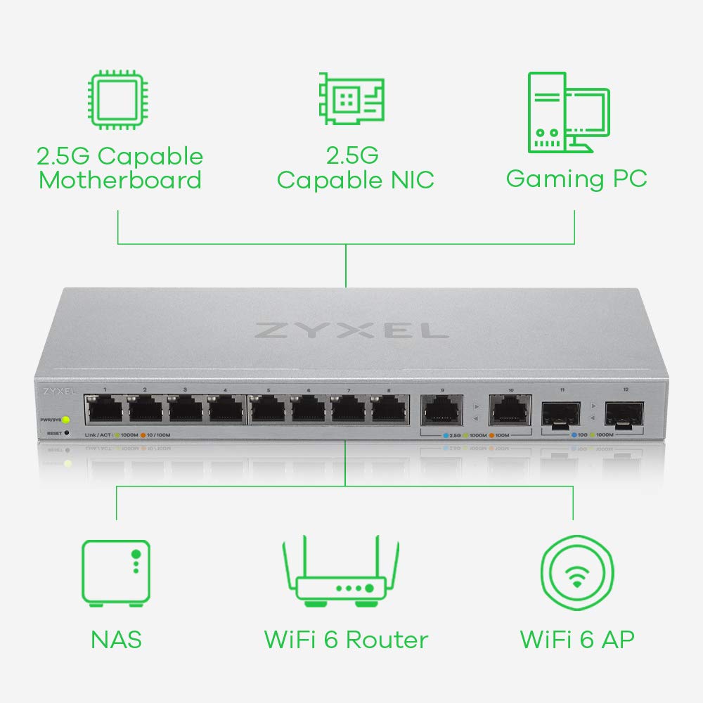 Zyxel XGS1210-12 12-Port Multi-Gigabit Ethernet Switch with 2x 2.5G & 2x 10G SFP+ Ports - Web-Managed Network Switch for Home Office, Gaming & Small Business - Desktop or Wall Mountable