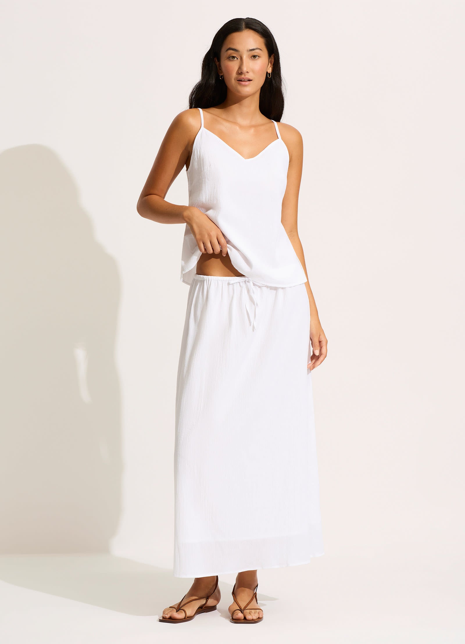 Elegant White Crinkle Maxi Skirt for Women - Boho Summer Beach Dress, Perfect for Vacation, Party & Casual Wear