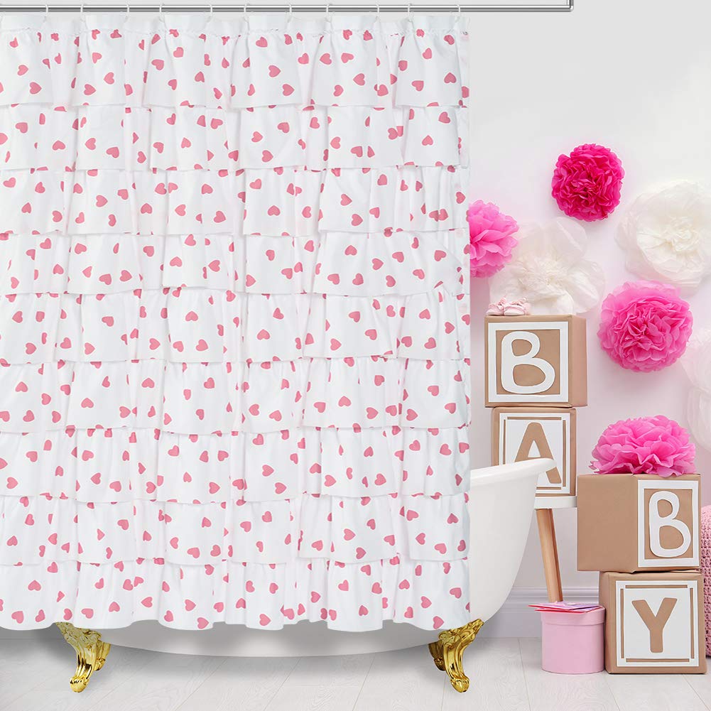 WestWeir White Farmhouse Ruffle Shower Curtain with Heart Pattern - 72 Inch Bathroom Decor with Hooks, Gypsy Style Home Decor | Perfect for Vintage, Boho & Farmhouse Bathroom Themes