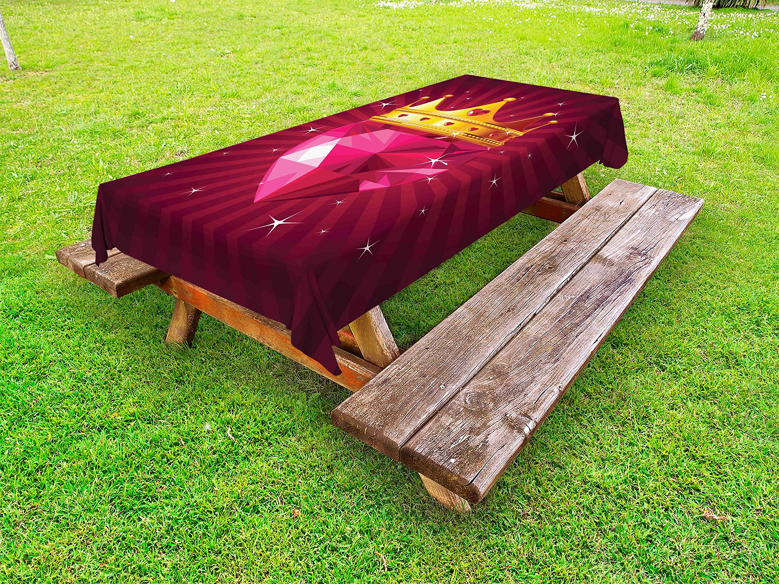 Ambesonne Diamond Outdoor Tablecloth - Crystal Love Heart Crown Queen Design, Washable Picnic Table Cover 58x120 Inches, Pink & Yellow - Perfect for Garden Parties, BBQs, and Outdoor Dining Decor