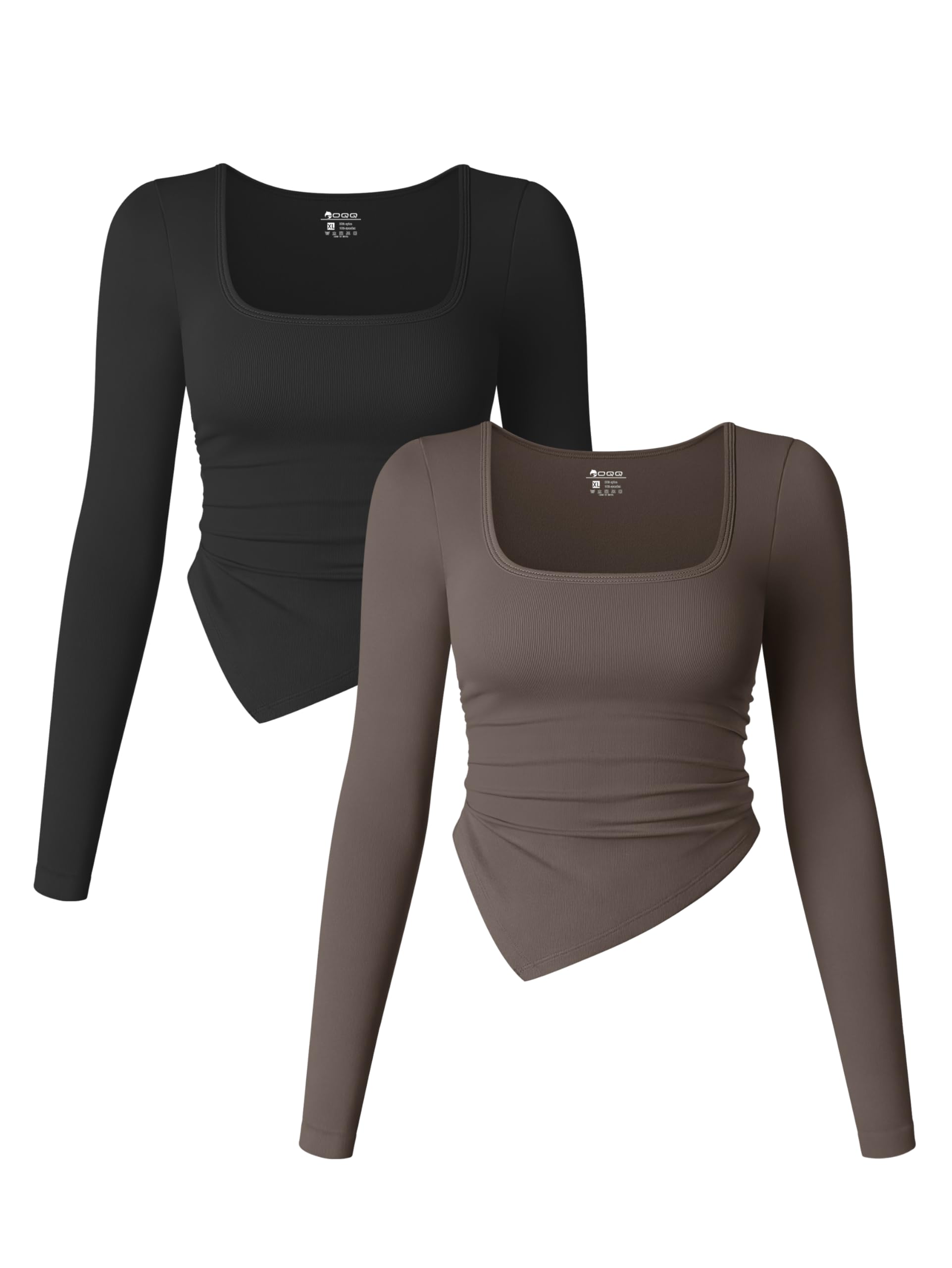 OQQ Women's 2-Piece Long Sleeve Square Neck Ruched Stretch Fitted Tee Tops Set - Casual & Work Office Wear