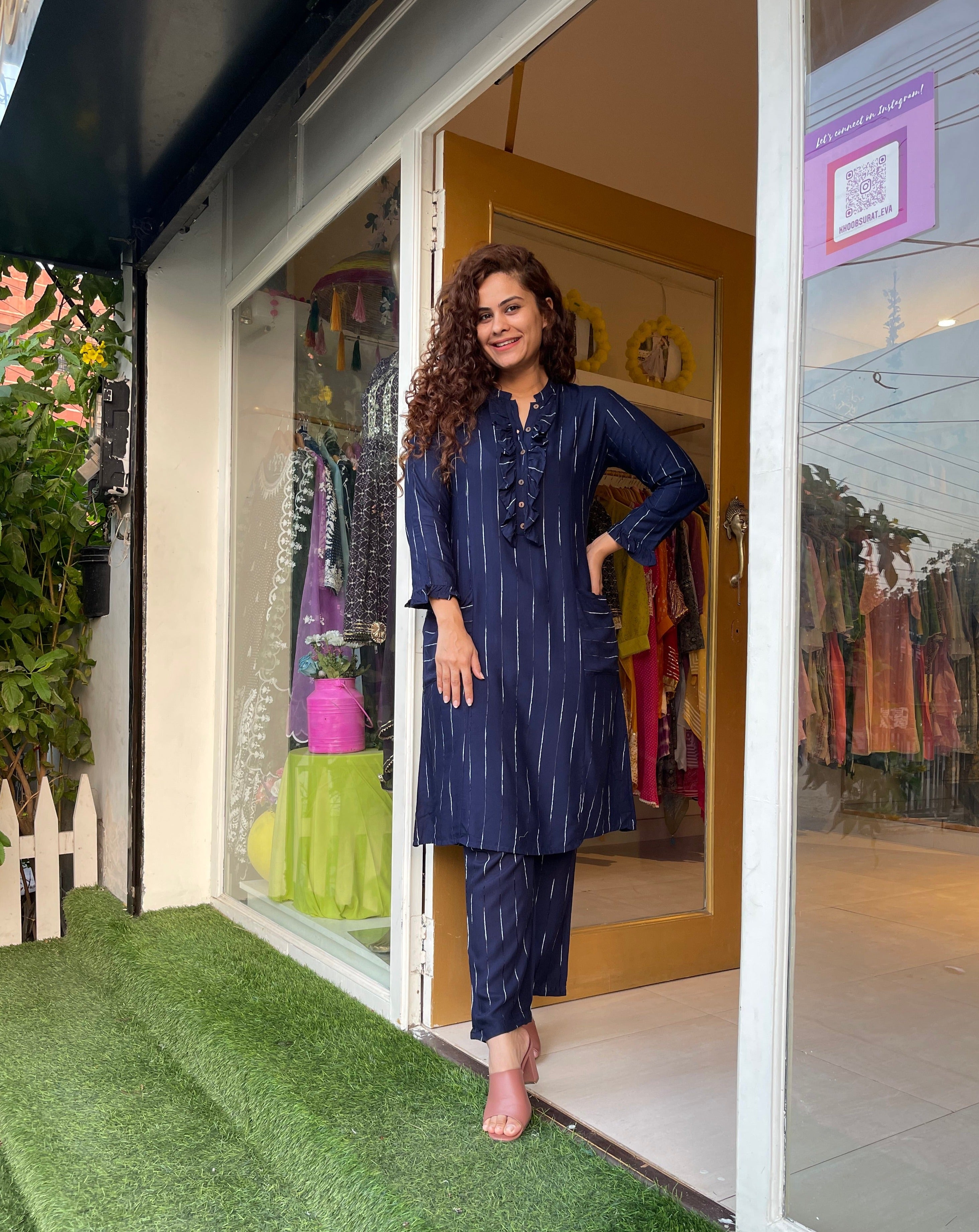 Navy Blue Striped Cotton Co-Ordinate Set for Women - Casual Summer Outfit for Beach, Vacation & Daily Wear