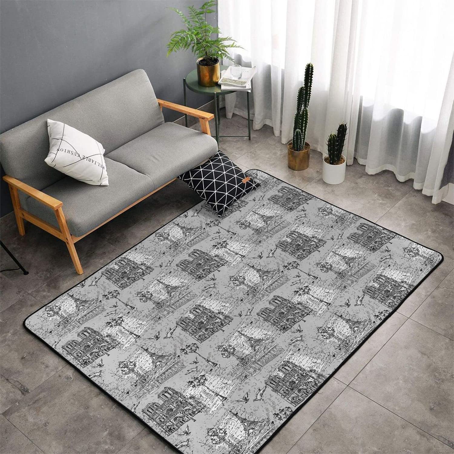 Vintage Paris Indoor Area Rug - Monochrome Seine River & Notre Dame Design with Cute Doves - European Inspired Living Room Carpet - Grey Black White - 67x91 Inch - Perfect for Home Decor, Bedroom & Office Flooring
