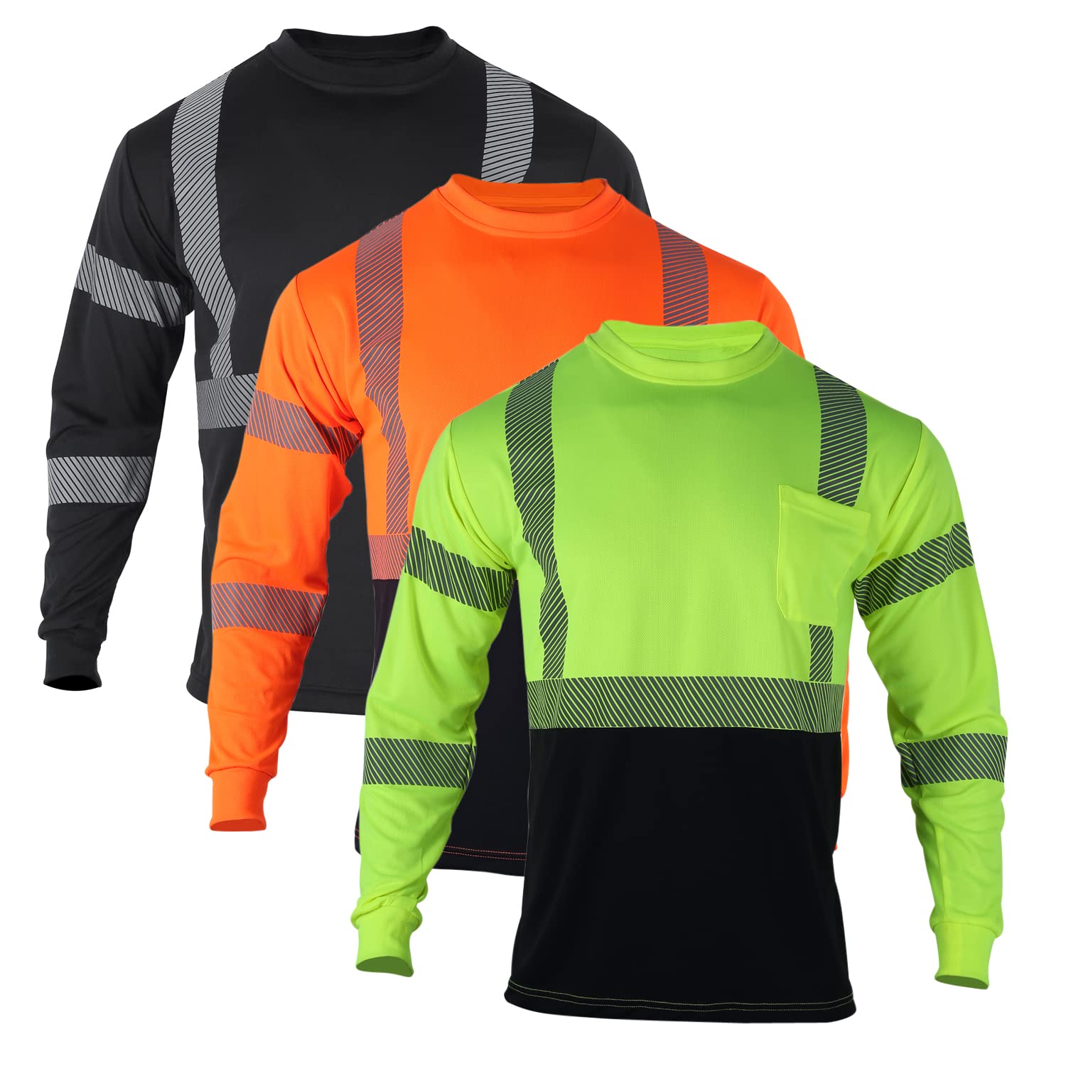 VENDACE 3-Pack High Visibility Reflective Safety Shirts - Long Sleeve Hi-Vis Construction Work Shirts for Men (Mixed, Large) - Ideal for Road Work, Night Construction & Emergency Response Teams