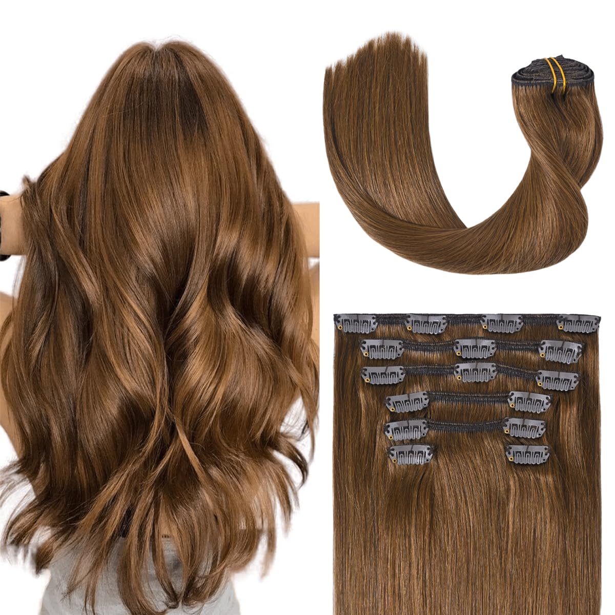Light Brown Clip in Human Hair Extensions 18 Inch 70g 7pcs - Remy Hair Silky Straight with 16 Clips - #6 Chestnut Brown Hair Extensions for Women - Perfect for Daily Styling, Parties & Special Occasions