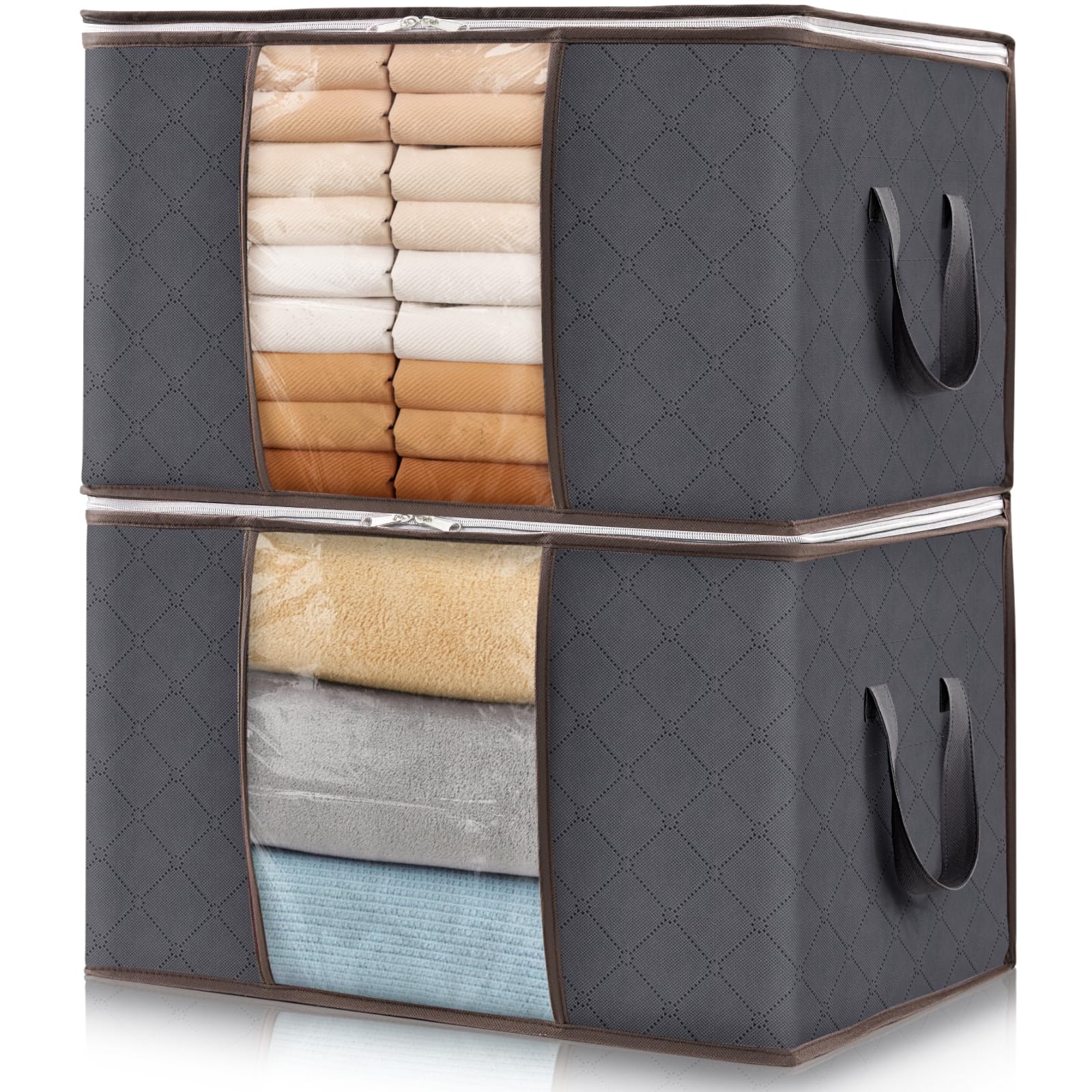 Lifewit 2 Pack Foldable Storage Bins with Lids & Clear Windows - Reinforced Handles for Closet Organization, Blanket, Clothing & Bedding Storage - Perfect for Home, Dorm & Travel Organization (Gray)