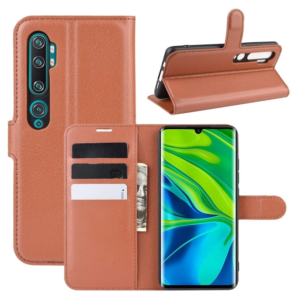 Premium Leather Flip Case for Xiaomi Mi Note 10/Note 10 Pro/CC9 Pro - Luxury Litchi Texture Protective Cover with Card Slots & Stand Function (Brown) - Perfect for Business & Travel Use