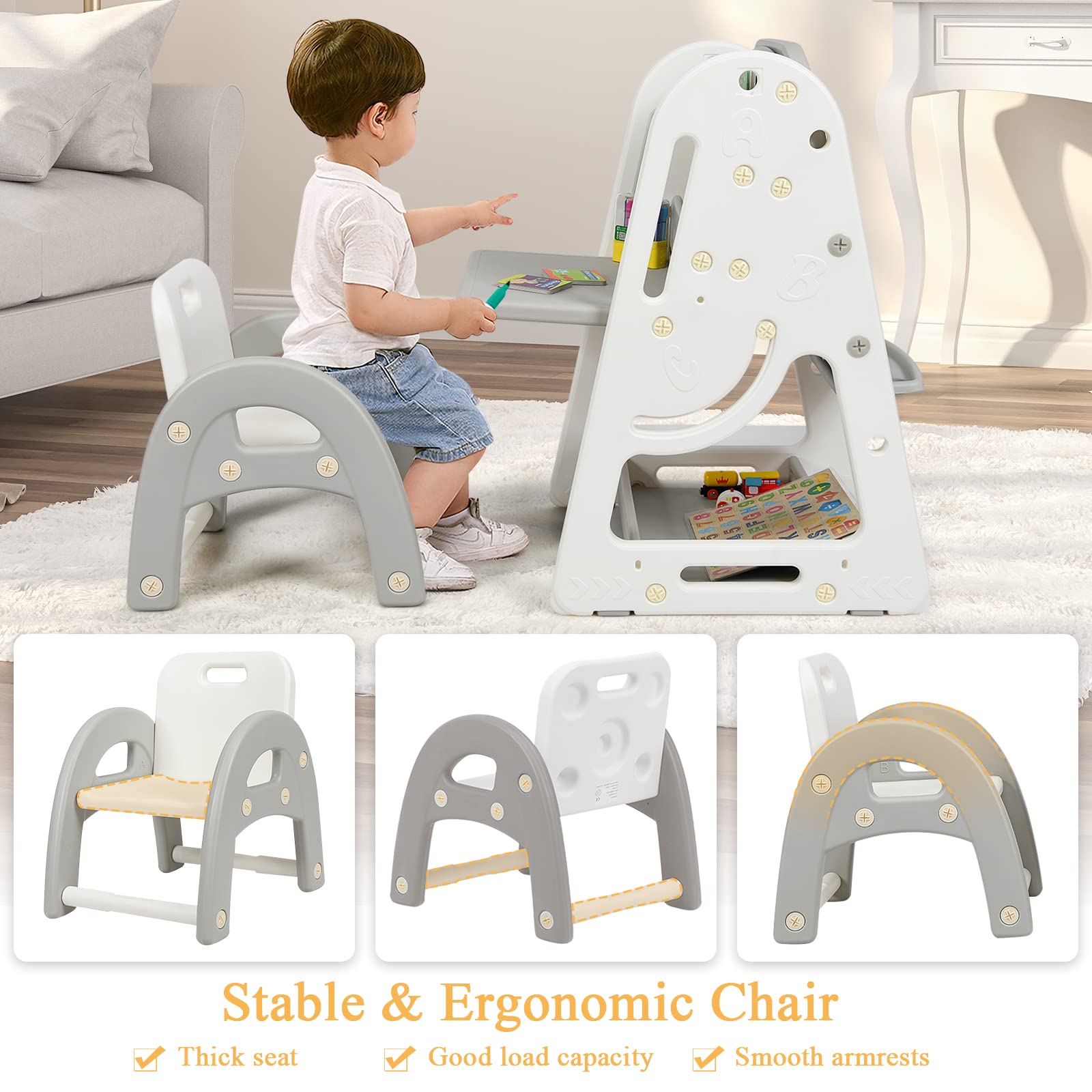 LDAILY 4-in-1 Kids Art Easel Set with Adjustable Magnetic Dry Erase Board, Chair, Markers & Letter Magnets - Double-Sided Standing Drawing Board for Toddlers & Preschoolers - Perfect for Home, Classroom & Creative Play (Grey)