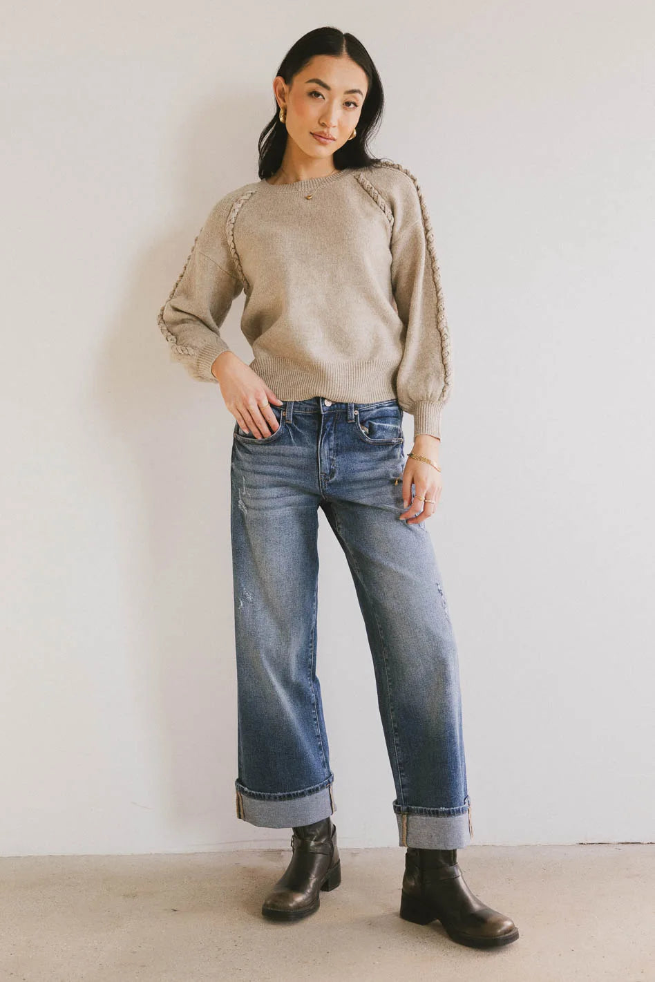 Leony Braided Sweater in Oatmeal - Cozy Knit Pullover for Women | Perfect for Fall & Winter Layering, Casual Outings & Coffee Dates