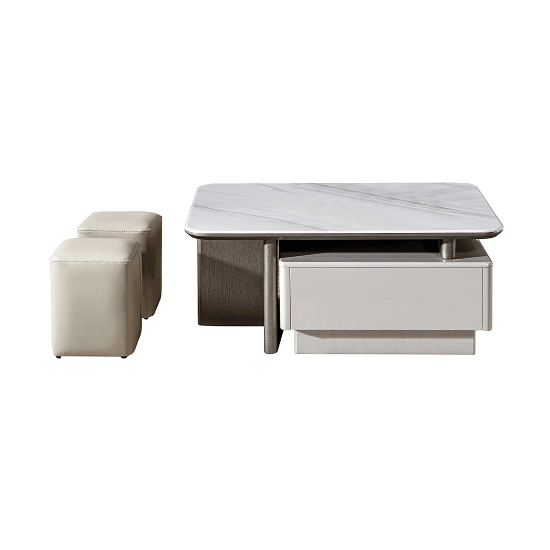 Herlia Extendable Square Coffee Table Set with 2 Matching Stools - Modern Living Room Furniture for Small Spaces, Perfect for Apartments & Home Decor