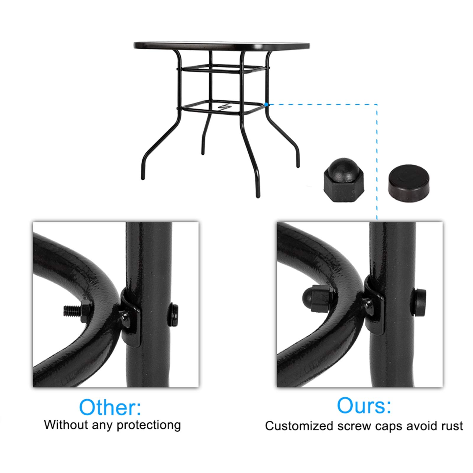 32 Inch Round Patio Glass Top Table with Umbrella Hole - Outdoor Bistro Dining Table, Metal Side Table for Backyard, Garden, Balcony - Durable Outdoor Furniture for Dining, Lounging & Entertaining