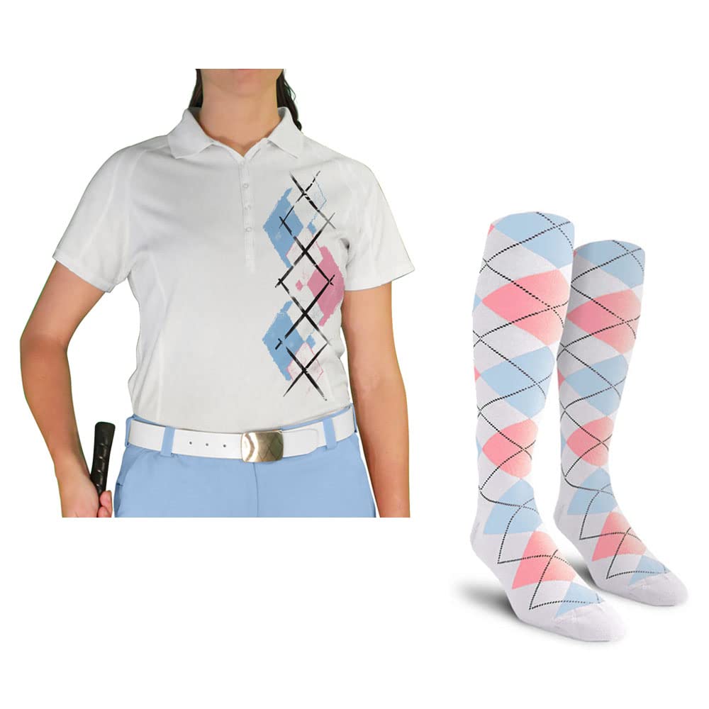 Dry Fit Short Sleeve Graphic Golf Polo Shirt with Socks for Women - Argyle Paradise (AA-ZZ) | Moisture-Wicking Performance Top for Golf, Tennis & Casual Wear