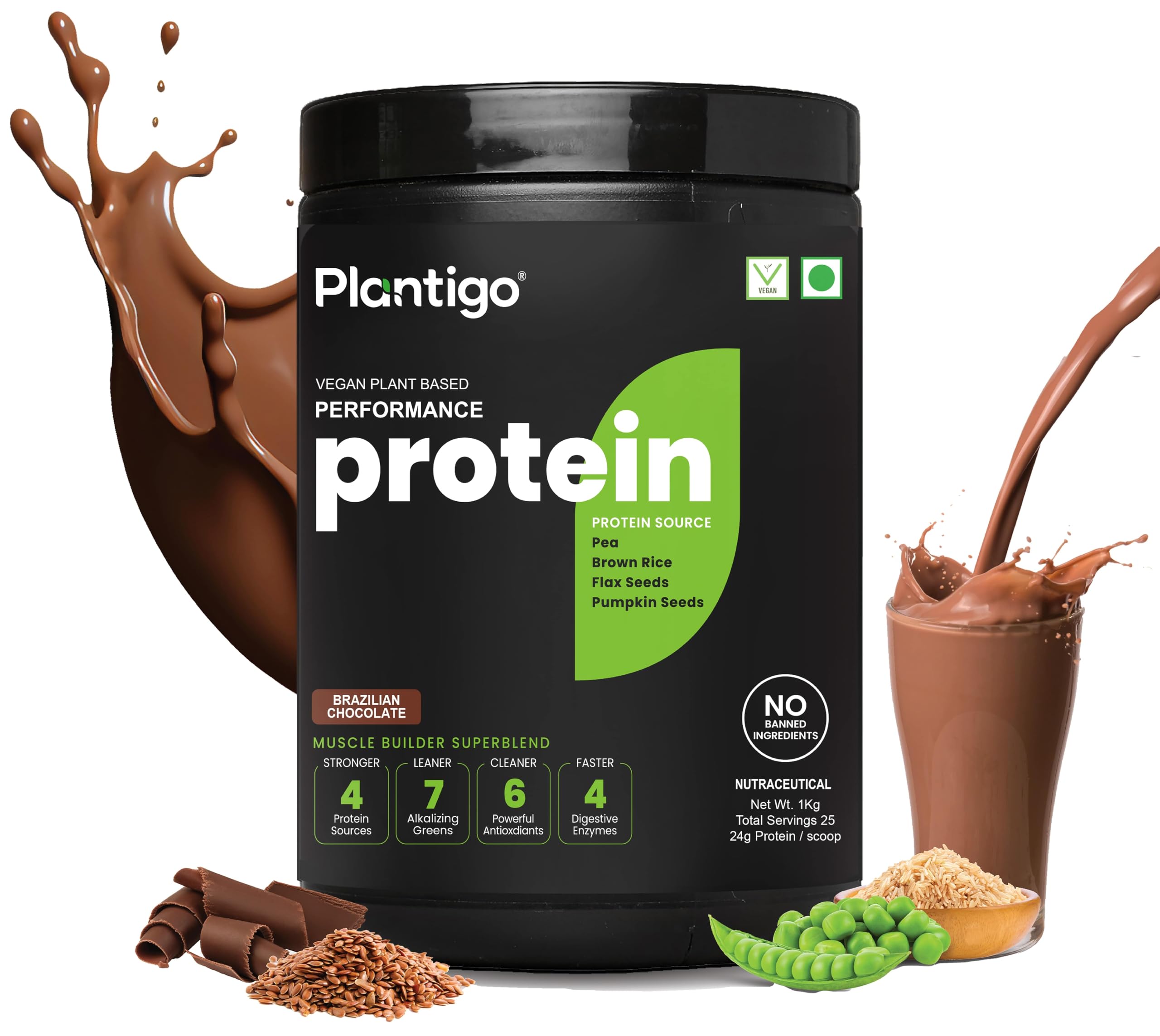 Plantigo Clean Plant Protein Powder - Vegan Protein Blend with Pea, Brown Rice, Flax & Pumpkin | 21 Superfoods, No Preservatives or Banned Substances | Brazilian Chocolate Flavor (1kg) for Men & Women - Perfect for Post-Workout Recovery, Smoothies & Healthy Meal Replacement