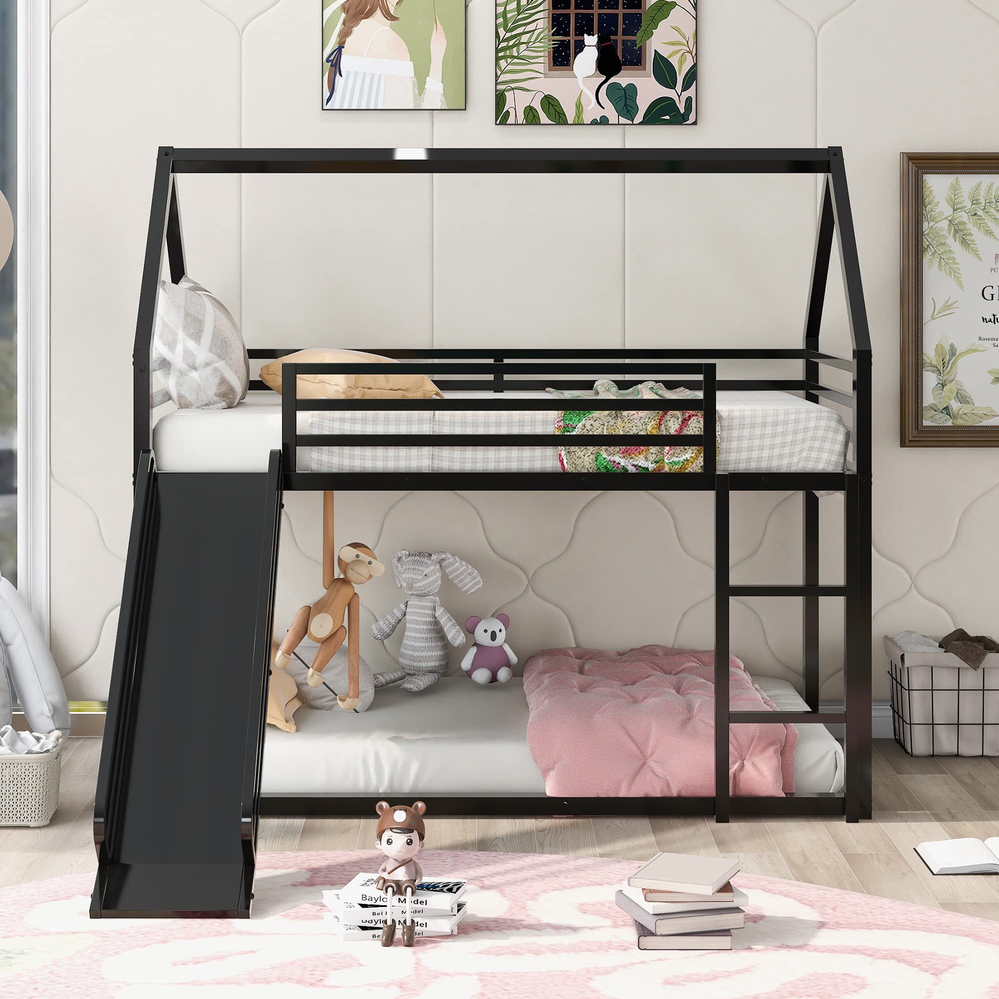 Metal Twin Over Twin Bunk Beds with Slide - Low Profile Kids Bunk Bed for Boys & Girls - Sturdy Black House Frame - Perfect for Small Bedrooms, Playrooms & Sleepovers