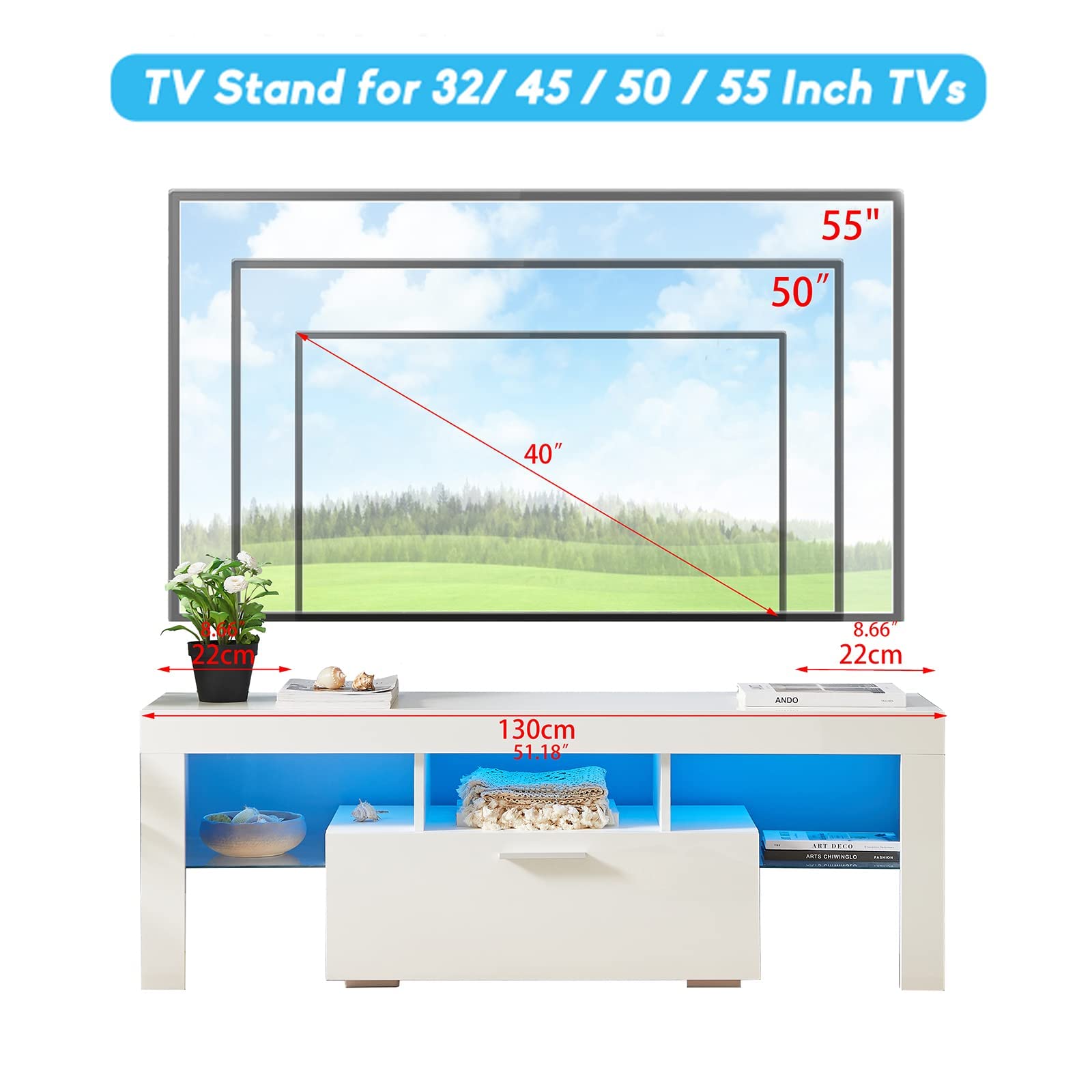 Modern White TV Stand for 45-55 Inch TVs - High-Gloss Entertainment Center with 16 LED Lights & Storage Drawers - Quick Assembly Media Cabinet for Living Room & Bedroom - Perfect for Home Theater & Gaming Setup