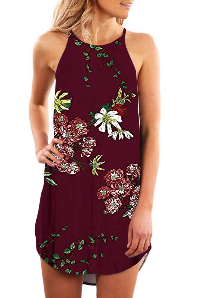 Fronage Women's Floral Sleeveless Mini Dress - Summer Beach Halter Neck Casual Dress for Vacation, Party & Outdoor Activities