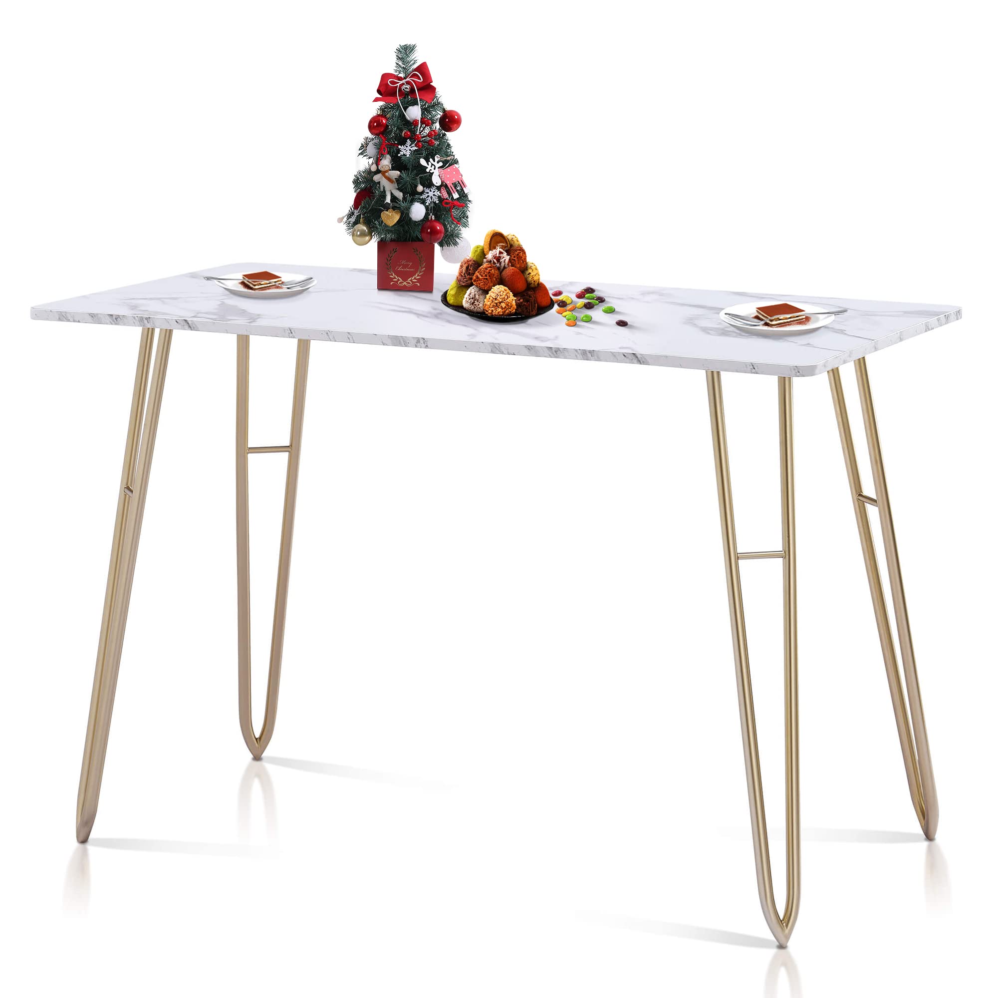 Modern Italian Style Rectangular Kitchen Dining Table with Wood Marble Pattern Top & Gold Metal Legs - 55