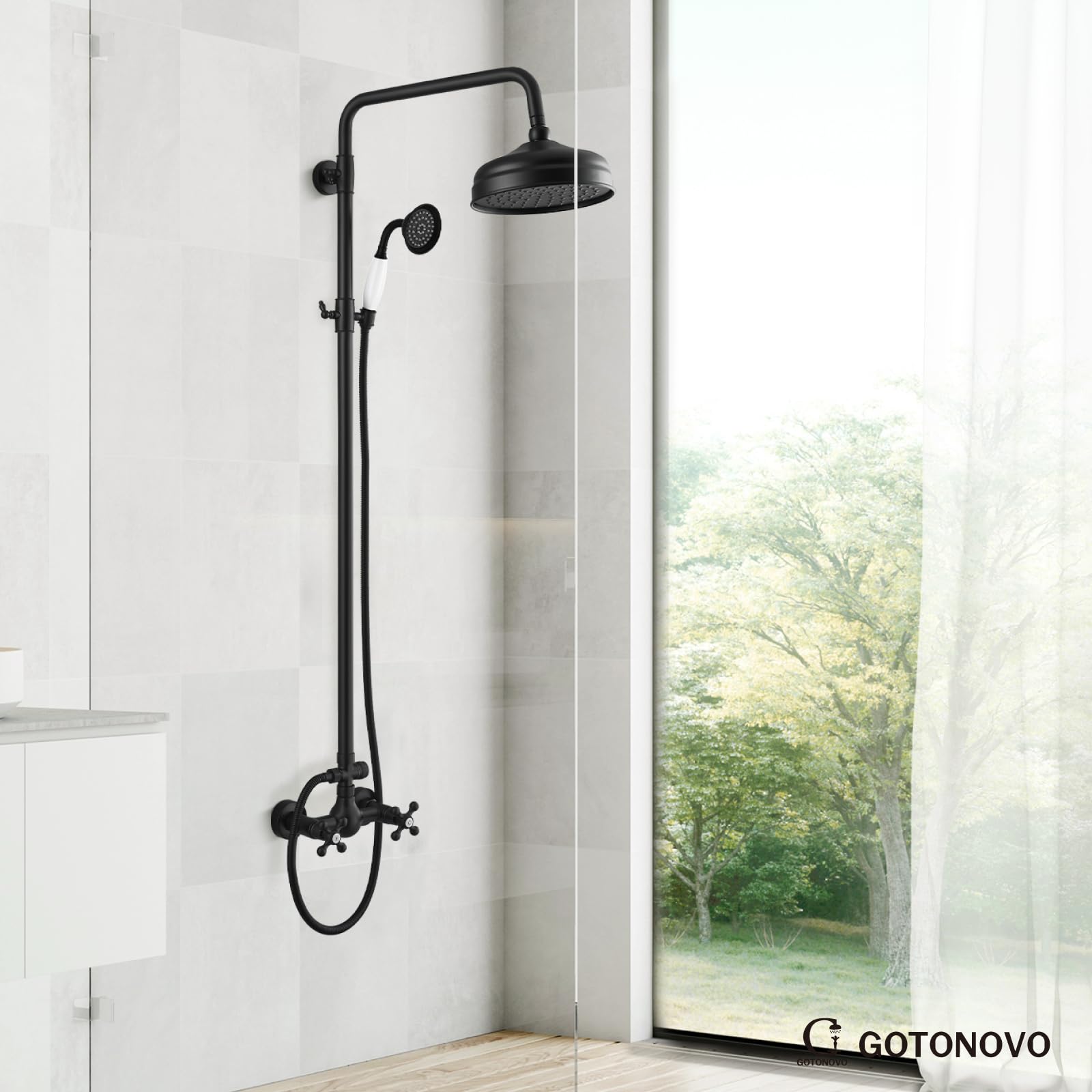 Luxury Matte Black Exposed Shower Faucet Set - 8 Inch Wall Mount Rainfall Shower Head with Handheld Spray & Cross Double Handle - Adjustable Straight Rod for Modern Bathroom - Perfect for Master Bath, Spa-Like Showers & Contemporary Home Renovations