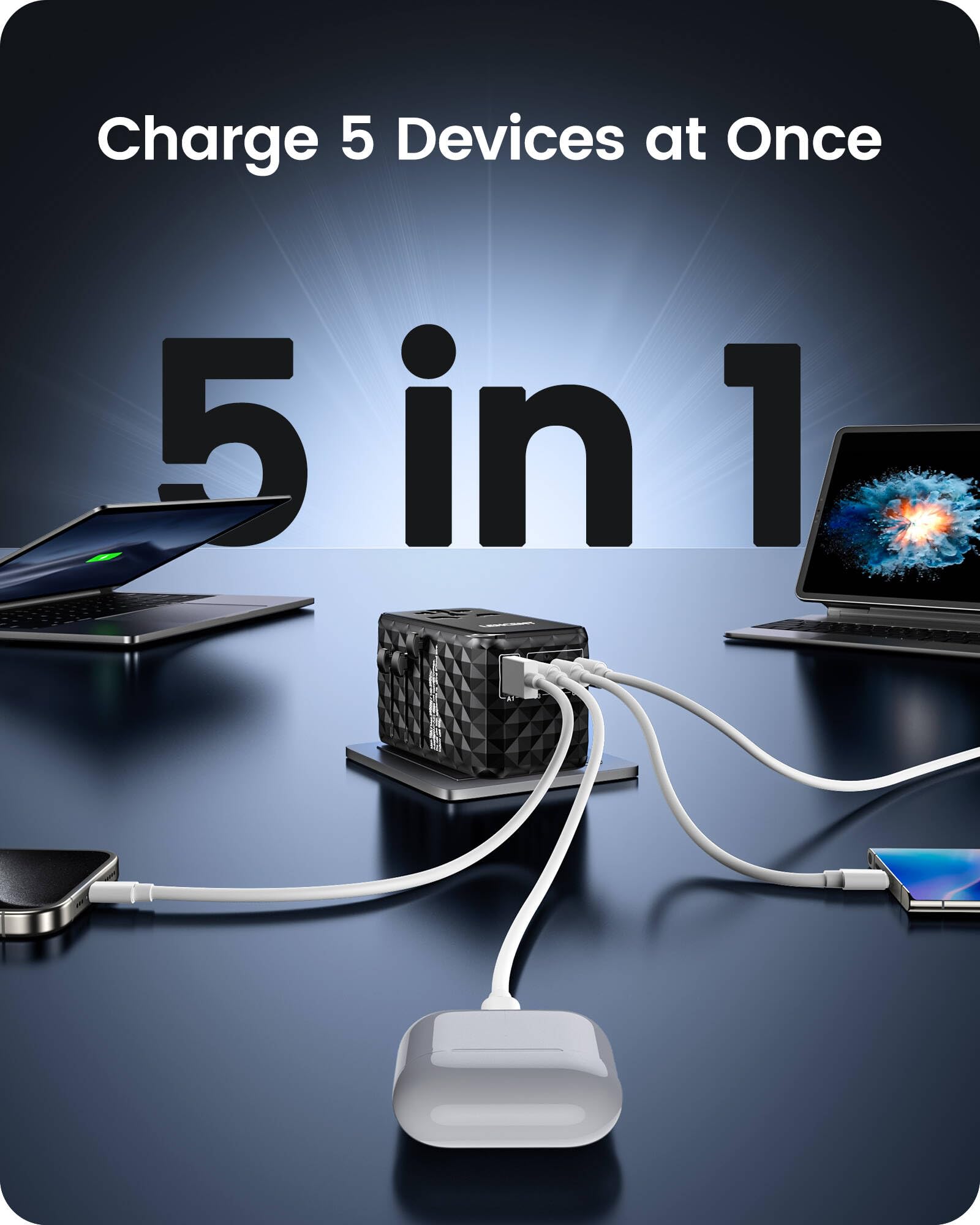 LENCENT 120W GaN Universal Travel Adapter with 4 Ports (1 USB-A & 3 USB-C) - Worldwide Fast Charger for iPhone, MacBook, Samsung, Laptops - Compatible with US/UK/EU/AU Plugs - Perfect for Business Travel, Vacation & International Trips (Black)
