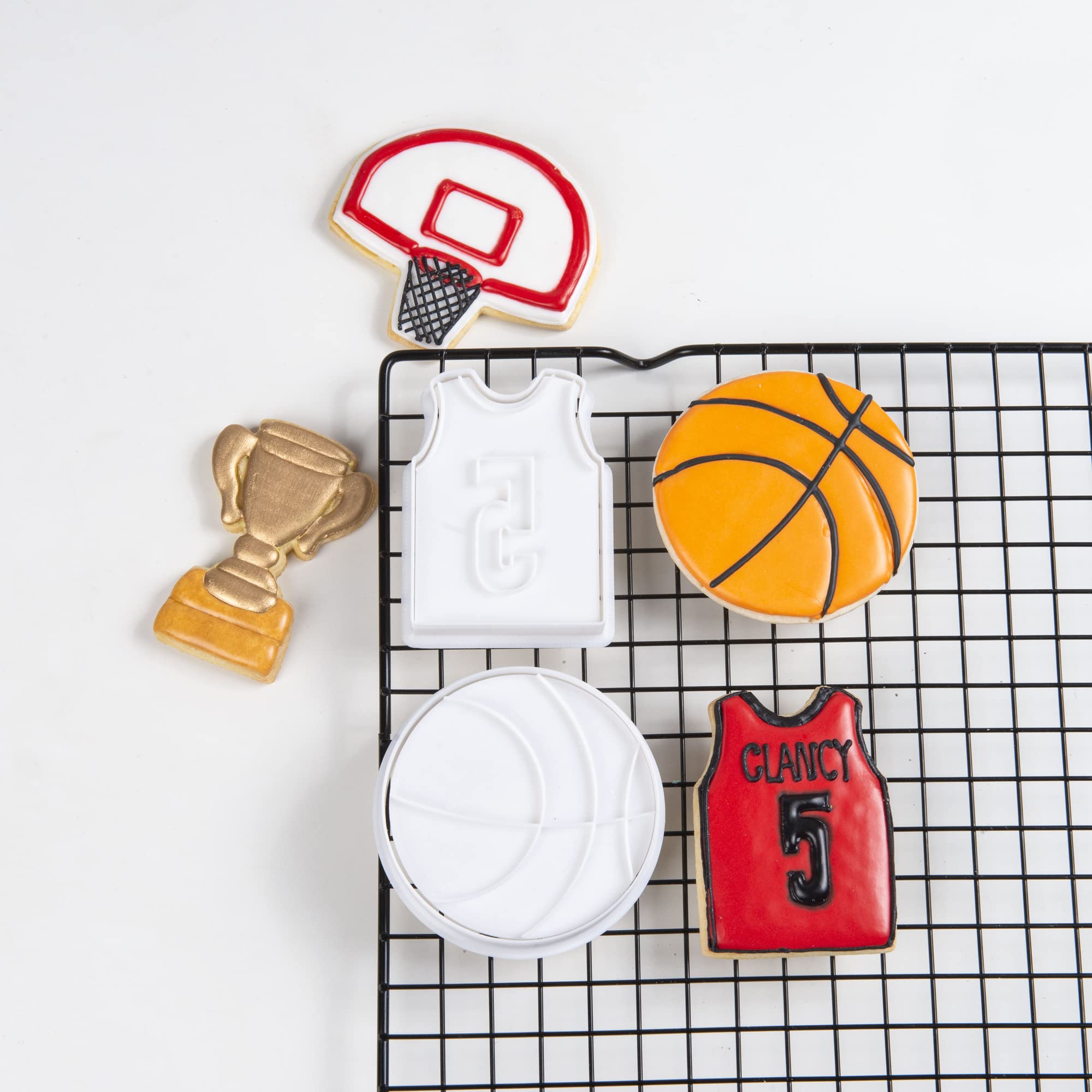 Mostop 4-Piece Basketball Cookie Cutter Set with Stampers - Basketball, Hoop, Jersey & Trophy Cup Shapes - Perfect for Cake Decorating, Birthday Parties & Sports-Themed Favors | Ideal for DIY Baking, Game Day Treats & Team Celebrations