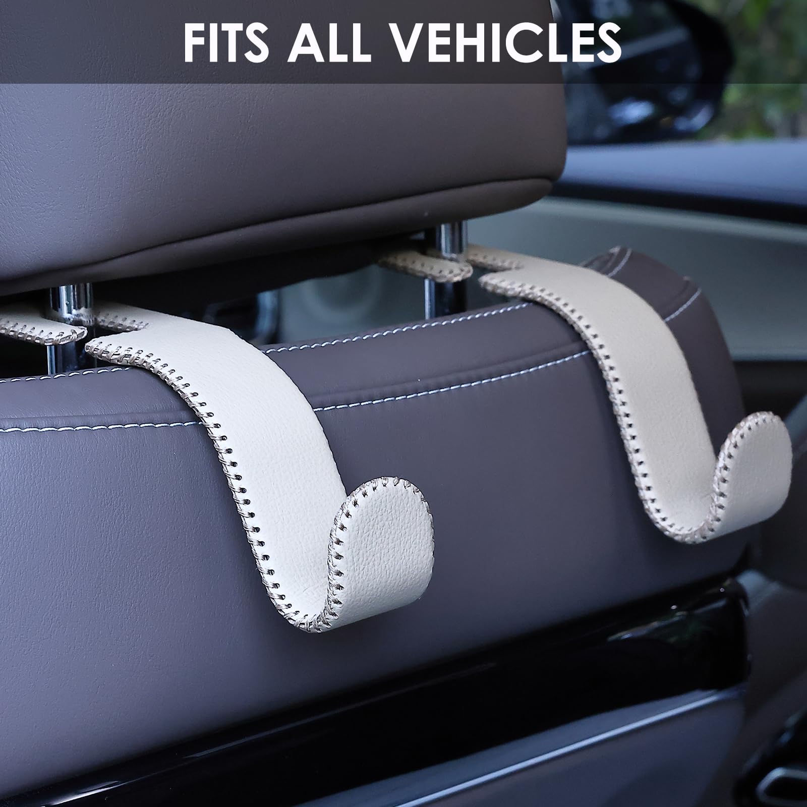 Premium Leather Car Hooks for Headrest - 2 Pack U-Shaped Purse Holders, Durable Seat Back Organizer for Purses, Bags, Coats & Accessories (Beige) - Perfect for SUVs, Sedans & Road Trips
