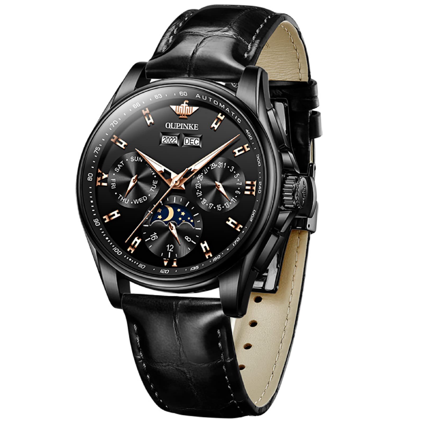 OUPINKE Men's Automatic Watch - Waterproof Stainless Steel & Leather Strap for Business