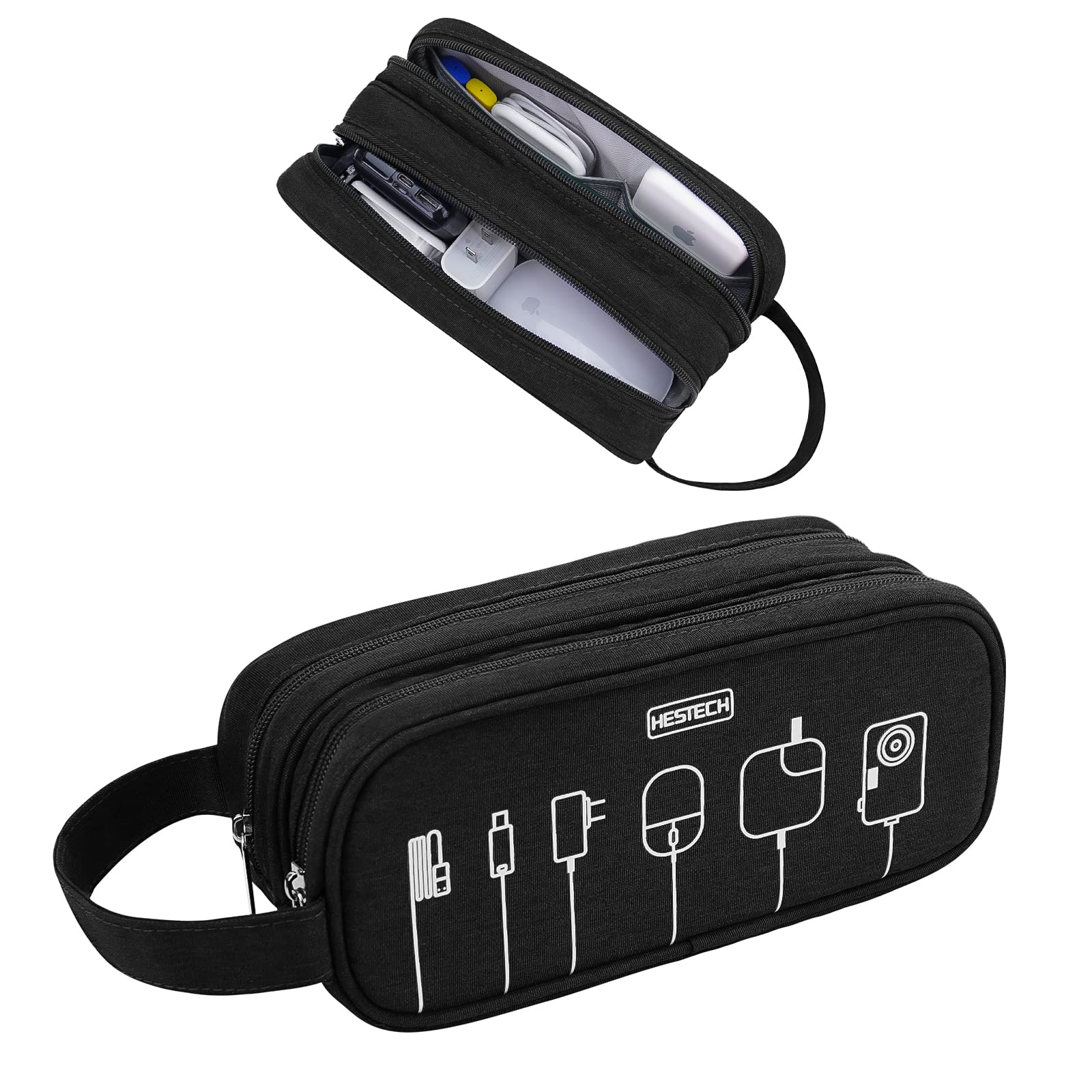 HESTECH Electronics Organizer Travel Charger Case - Waterproof Double Layer Storage Bag for Cables, Mouse, Earbuds, USB Drives (Black, Medium) - Perfect for Travel, Office & Home Organization