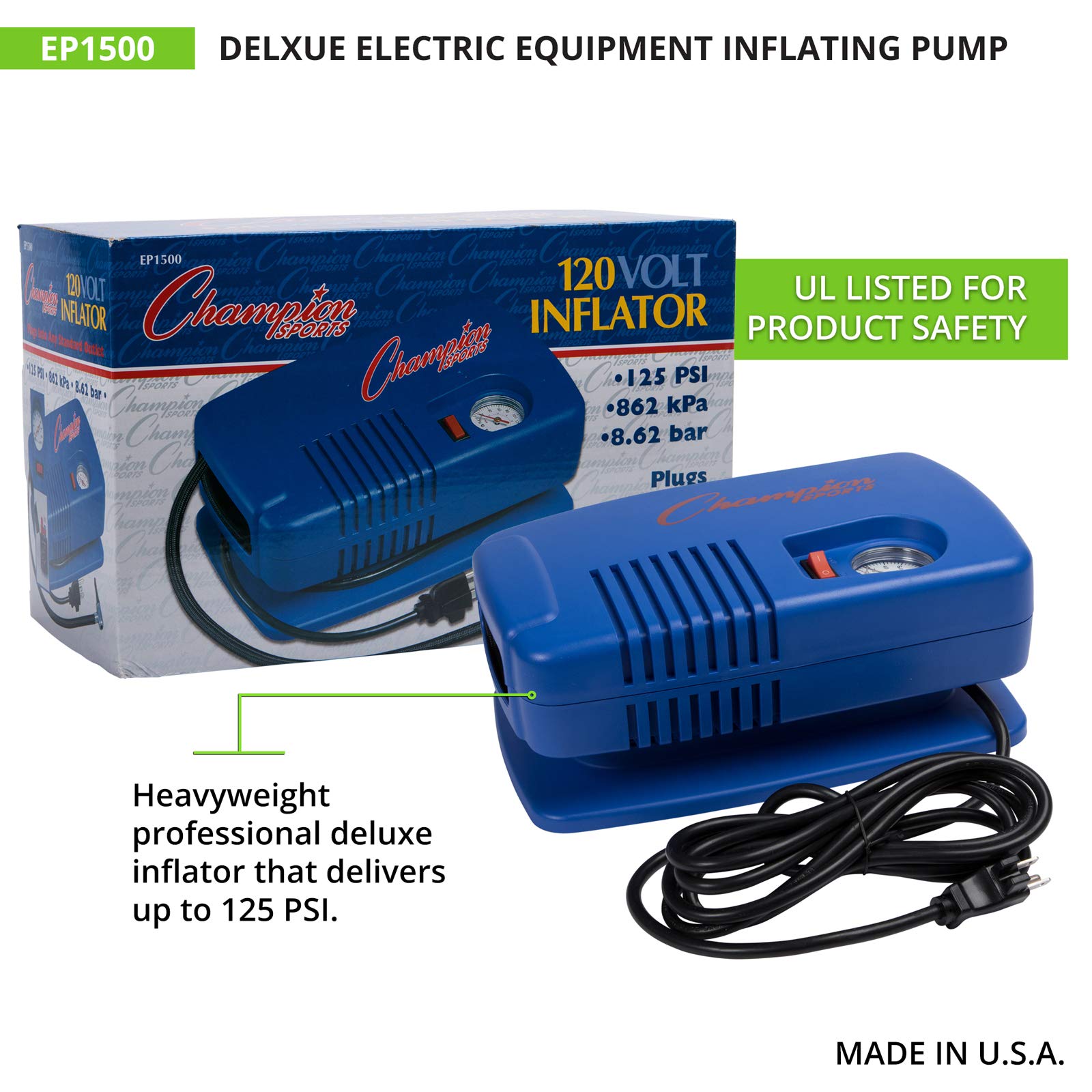 Champion Sports Electric Air Pump - Portable Inflator for Balls, Pool Floats, Air Mattresses & Inflatables | Quick Inflation for Sports Equipment, Beach Toys & Camping Gear
