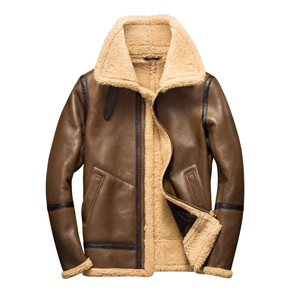 Men's Light Brown Shearling Aviator Jacket - Winter Warm Coat for Outdoor