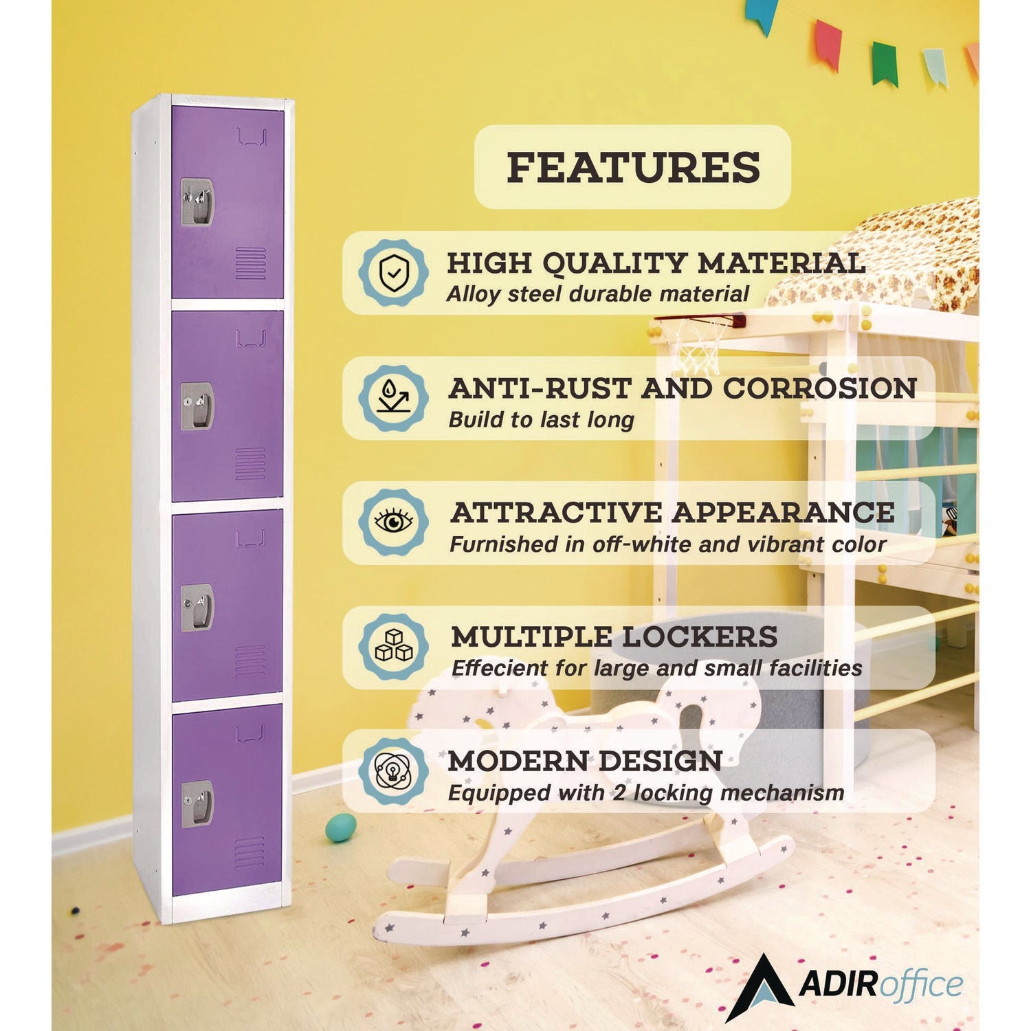 AdirOffice 4 Compartment Steel Storage Locker - 12x12x72 Inches, Purple - Perfect for Schools, Gyms & Office Organization