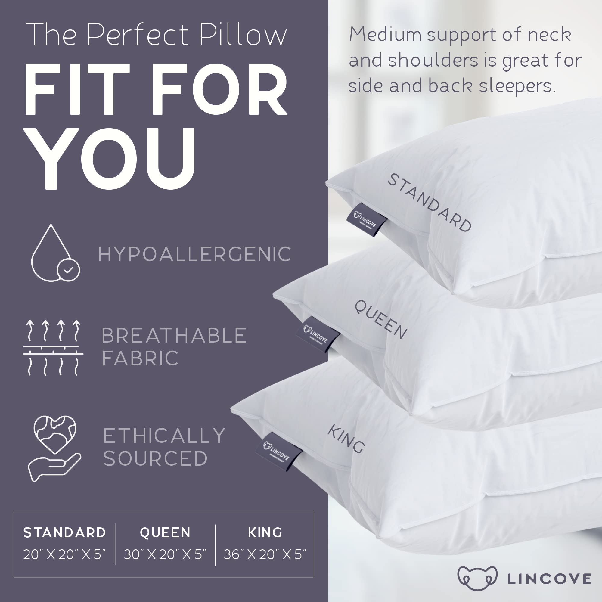 Premium Down Filled Sleeping Pillow 600 Fill Power - 2 Pack Standard Firm Pillows with 400 Thread Count Shell & Pillow Protector for Bedroom, Guest Room, Travel & Camping Comfort